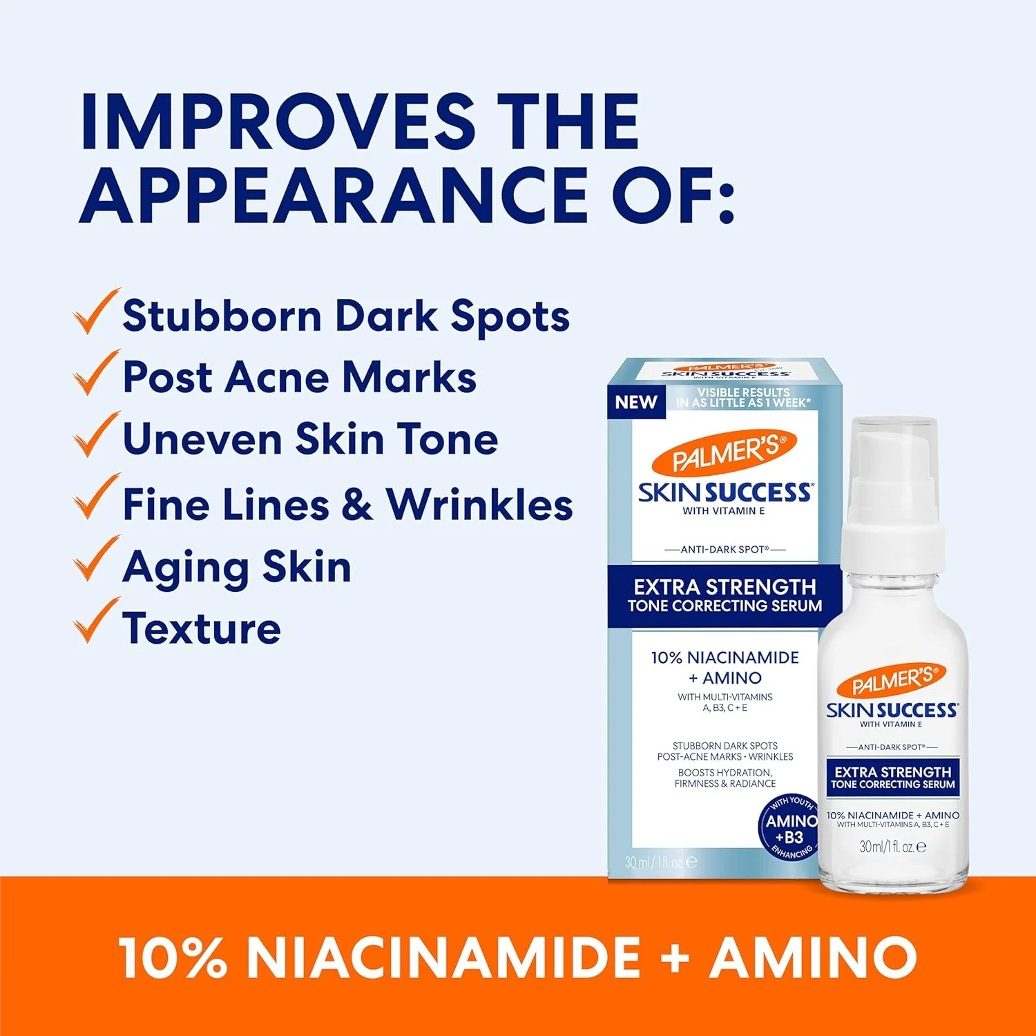 سرم اصلاح کننده رنگ پوست پالمرز، با قدرت مضاعف، 30 میلی لیتر، اصلاح کننده لک های تیره، لک های ناشی از افزایش سن و جای جوش