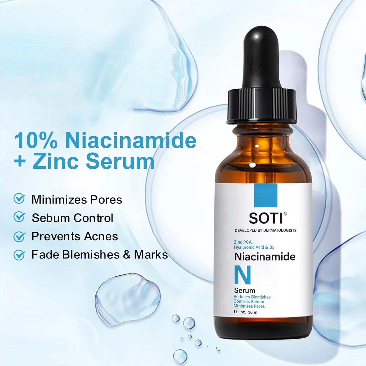 سرم صورت نیاسینامید 10% + زینک 1% حاوی B5 و هیالورونیک اسید | کوچک کننده منافذ، محو کننده جای جوش، کنترل کننده چربی، کاهش لک و قرمزی، پوست شفاف (30 میل) سوتی