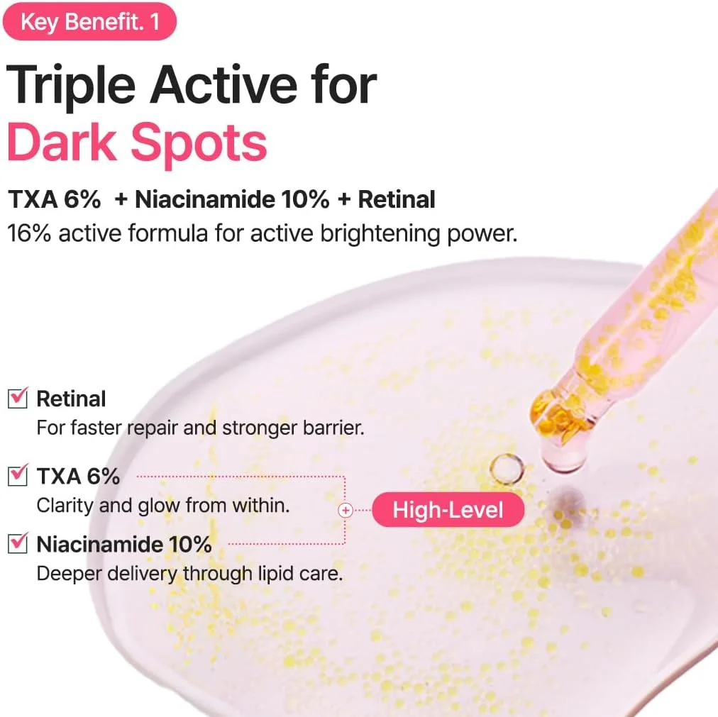 سرم صورت پیوریتو حاوی ترانگزامیک اسید 6%، نیاسینامید 10% و رتینال، برای لکه‌های تیره، جای جوش، رنگ ناهموار پوست و هایپرپیگمنتیشن، فرمول فعال سه گانه 16% برای پوست شفاف، مراقبت از پوست کره‌ای، 30 میلی لیتر