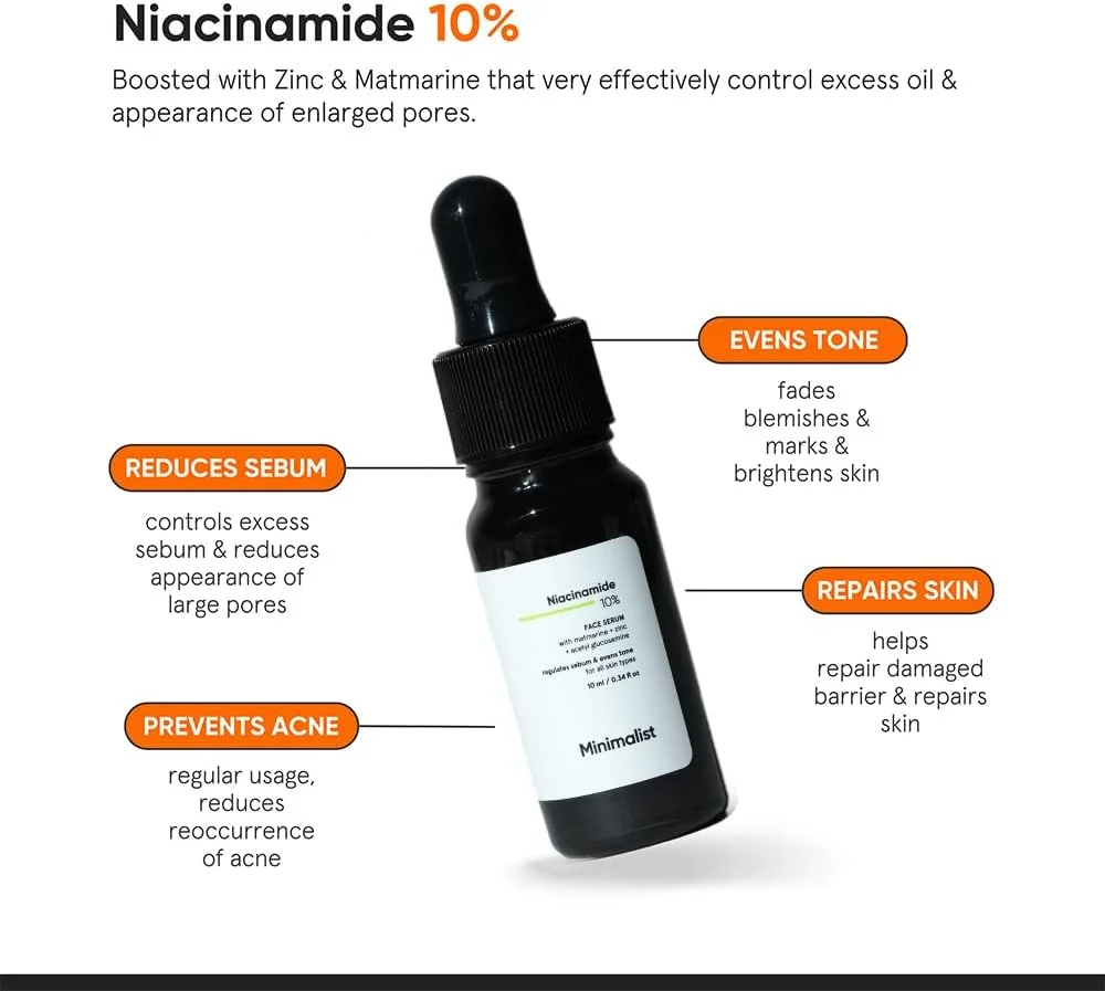 سرم صورت نیاسینامید 10% مینیمالیست برای جای جوش، لک ها و تعادل چربی به همراه زینک | سرم ضد جوش روشن کننده پوست برای پوست های چرب و مستعد جوش (10 میلی لیتر (بسته 1 عددی))