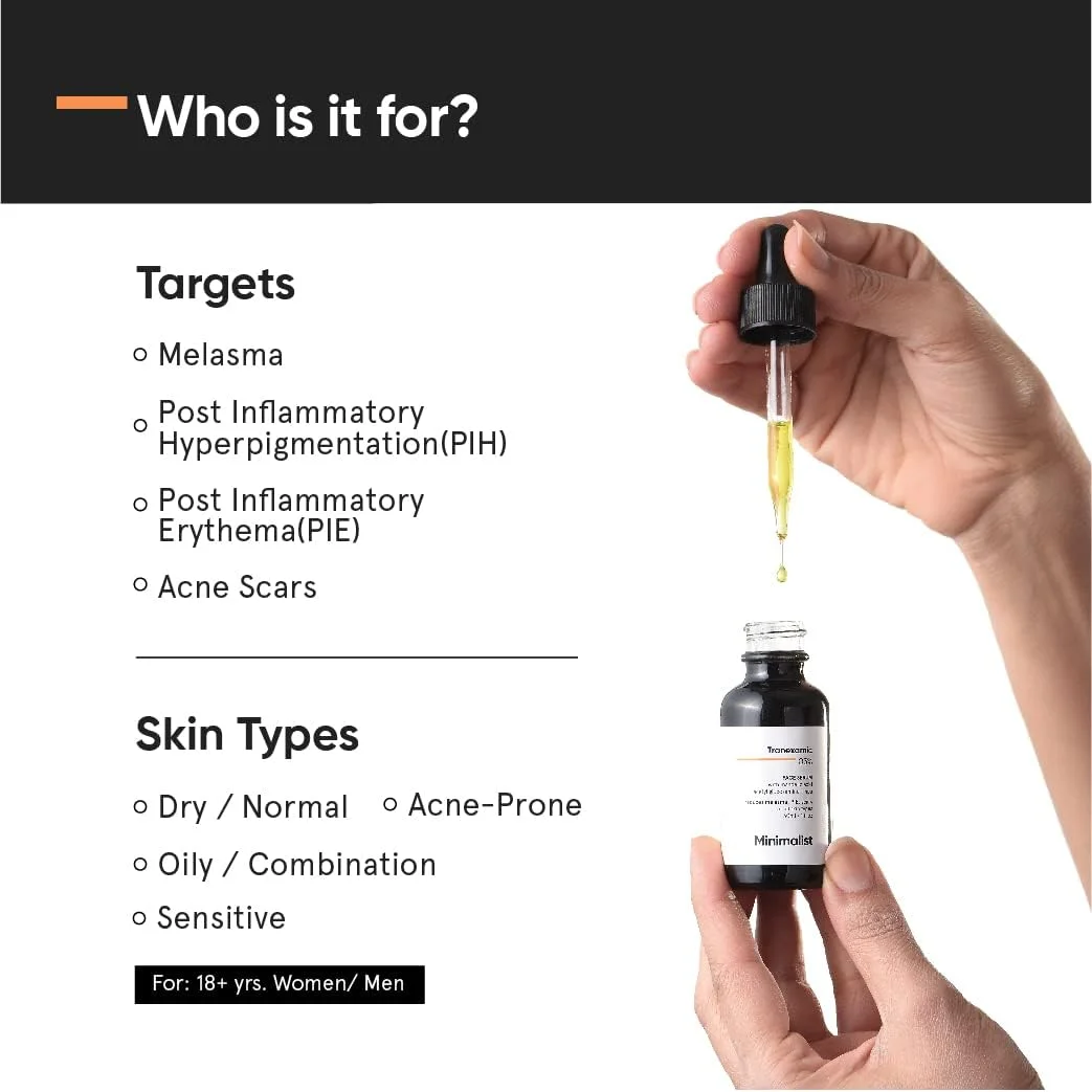 سرم صورت ترانگزامیک اسید 3% مینیمالیست برای PIE، PIH و جای جوش | سرم صورت با HPA برای کمک به یکنواخت شدن رنگ پوست | 30 میلی لیتر سرم صورت ترانگزامیک اسید 3% مینیمالیست برای PIE، PIH و جای جوش | سرم صورت با HPA برای کمک به یکنواخت شدن رنگ پوست | 30 میلی لیتر