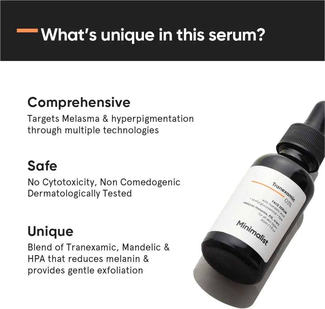 سرم صورت ترانگزامیک اسید 3% مینیمالیست برای PIE، PIH و جای جوش | سرم صورت با HPA برای کمک به یکنواخت شدن رنگ پوست | 30 میلی لیتر سرم صورت ترانگزامیک اسید 3% مینیمالیست برای PIE، PIH و جای جوش | سرم صورت با HPA برای کمک به یکنواخت شدن رنگ پوست | 30 میلی لیتر