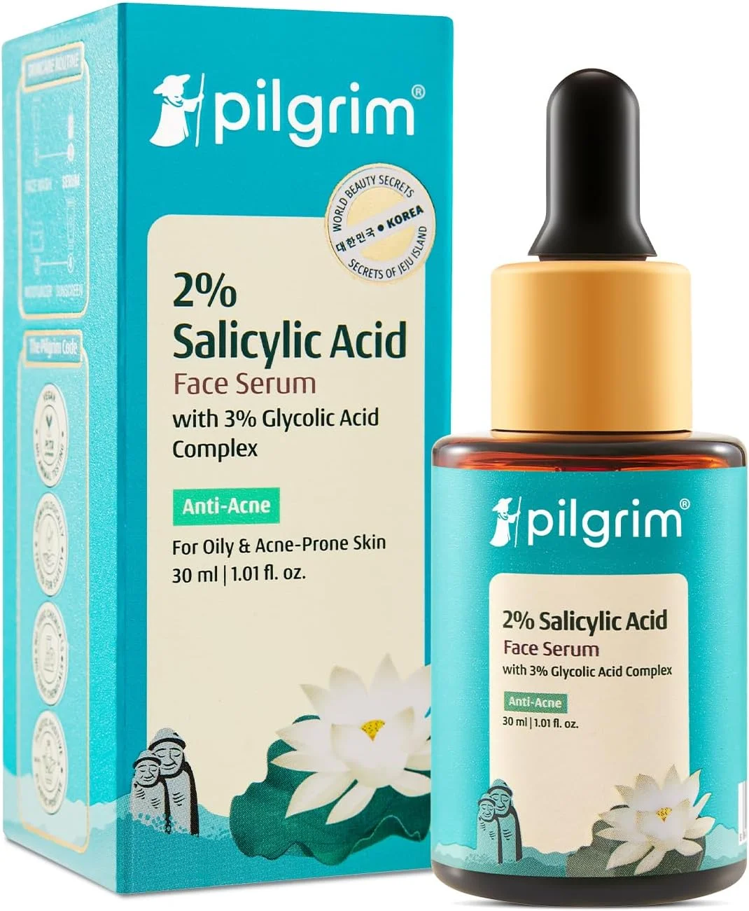 سرم ضد جوش پیلگریم حاوی 1% سالیسیلیک اسید + 3% گلیکولیک اسید مناسب پوست های چرب و مستعد جوش | مناسب انواع پوست | مراقبت از پوست کره ای | برای آقایان و بانوان | وگان و بدون تست حیوانی | 30 میلی لیتر