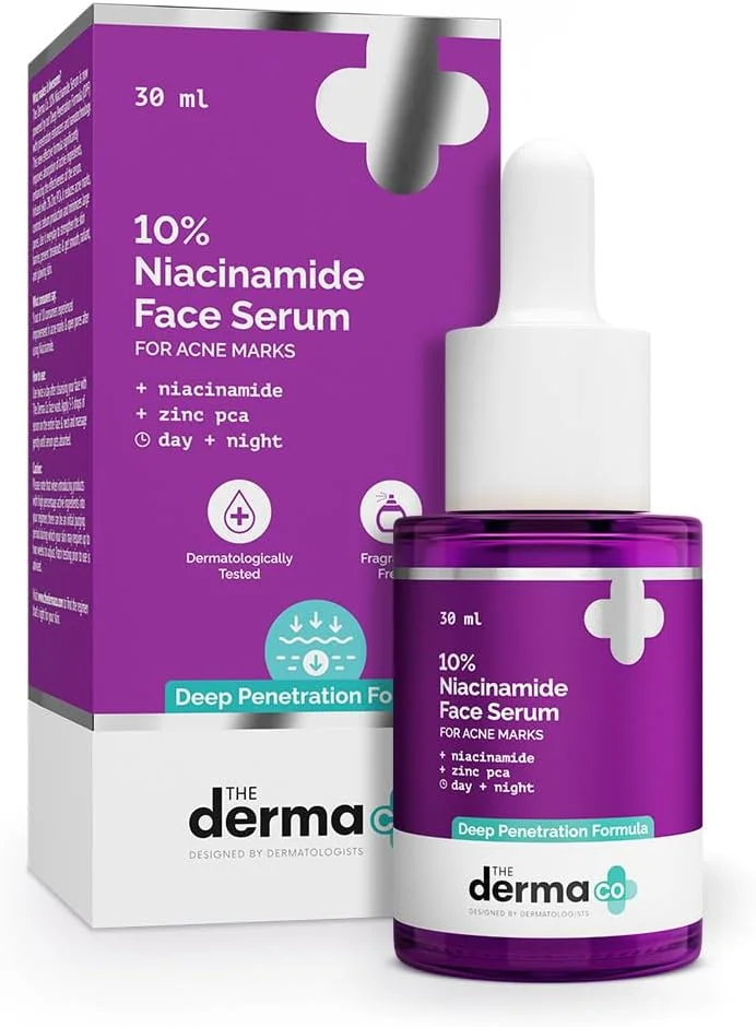 سرم صورت نیاسینامید 10% The Derma Co برای لک های ناشی از آکنه و پوست مستعد آکنه، مناسب آقایان و بانوان - 30 میلی لیتر