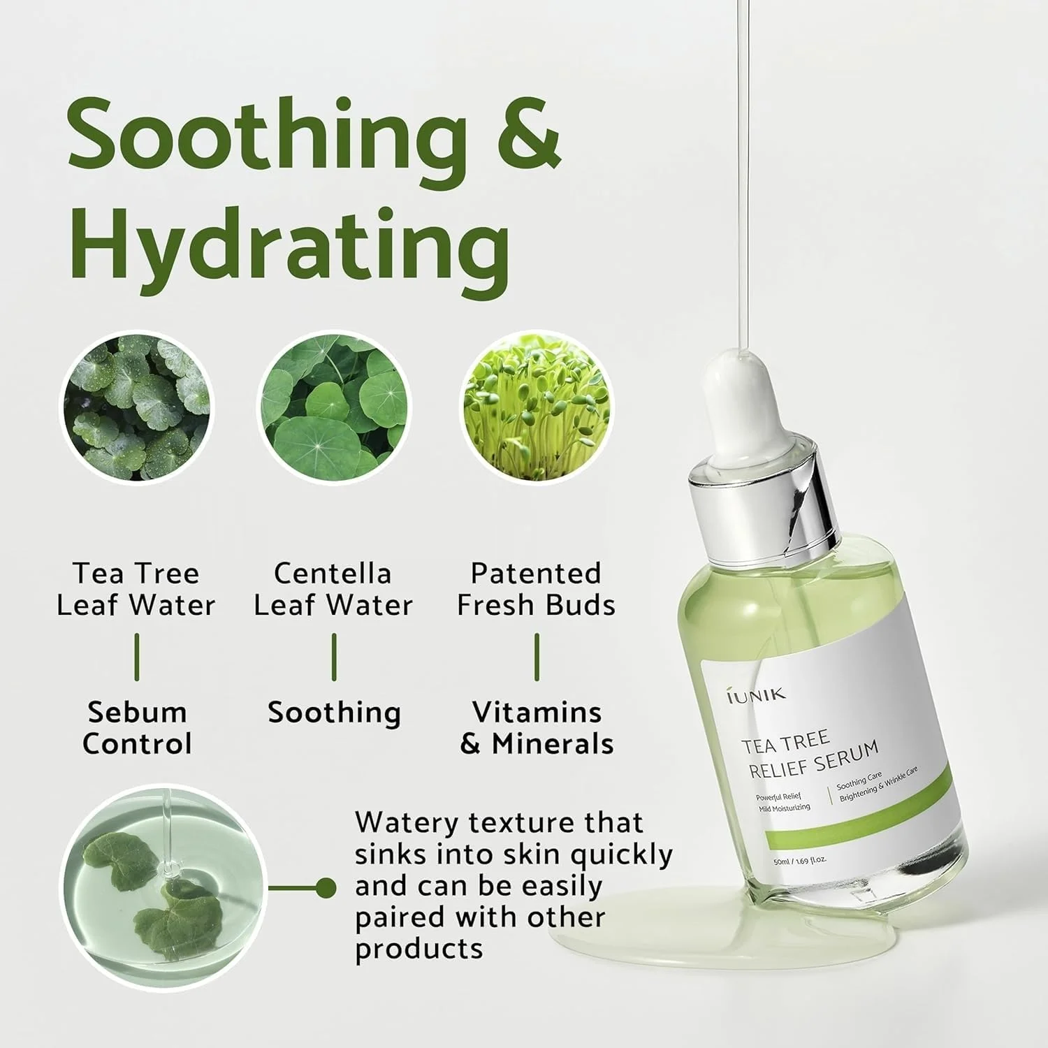 سرم صورت طبیعی درخت چای iUNIK، تسکین دهنده و مرطوب کننده پوست، حاوی عصاره درخت چای 67% و سنتلا آسیاتیکا سرم صورت طبیعی درخت چای iUNIK، تسکین دهنده و مرطوب کننده پوست، حاوی عصاره درخت چای 67% و سنتلا آسیاتیکا