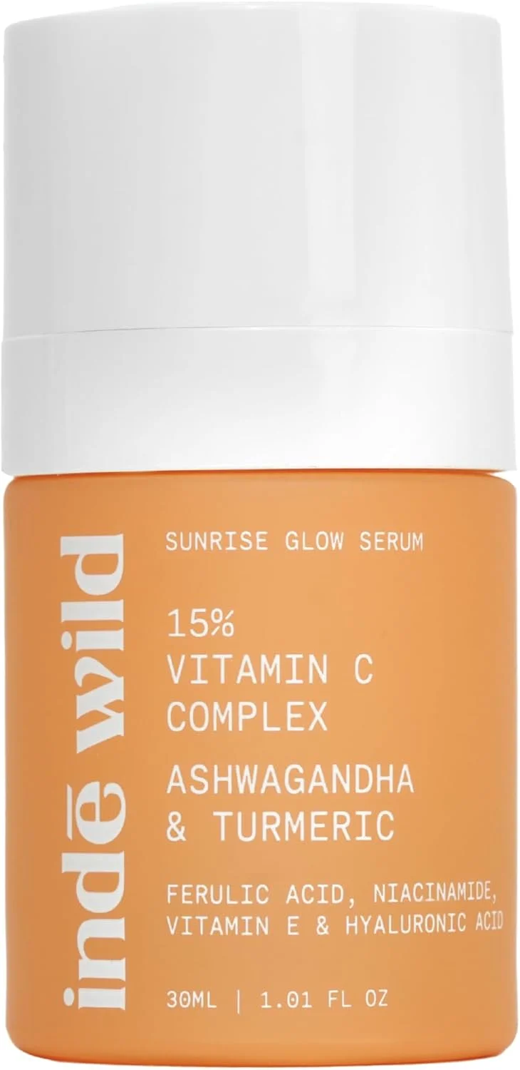 سرم درخشان کننده پوست Inde Wild Sunrise Glow حاوی 15% ویتامین C به همراه زردچوبه، نیاسینامید و فرولیک اسید برای جای جوش، هایپرپیگمنتیشن و روشن کننده پوست