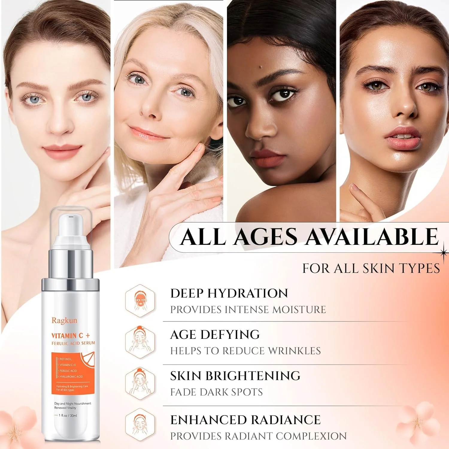 سرم ویتامین C 20% برای بانوان، از بین برنده لک های تیره صورت، حاوی اسید فرولیک، اسید هیالورونیک، رتینول، آبرسان و حجم دهنده پوست، مراقبت از پوست ضد پیری و روشن کننده - 30 میلی لیتر