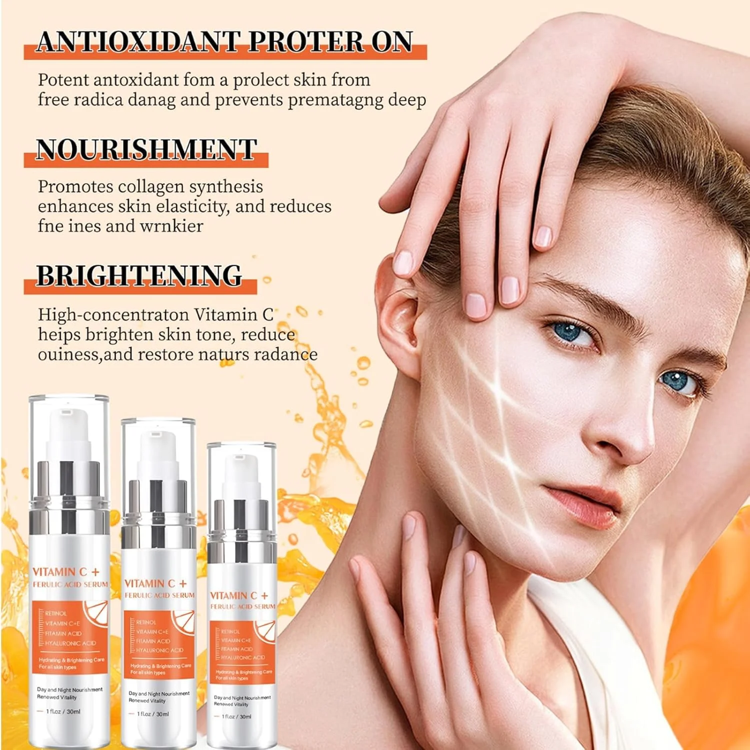 سرم ویتامین C 20% برای بانوان، از بین برنده لک های تیره صورت، حاوی اسید فرولیک، اسید هیالورونیک، رتینول، آبرسان و حجم دهنده پوست، مراقبت از پوست ضد پیری و روشن کننده - 30 میلی لیتر