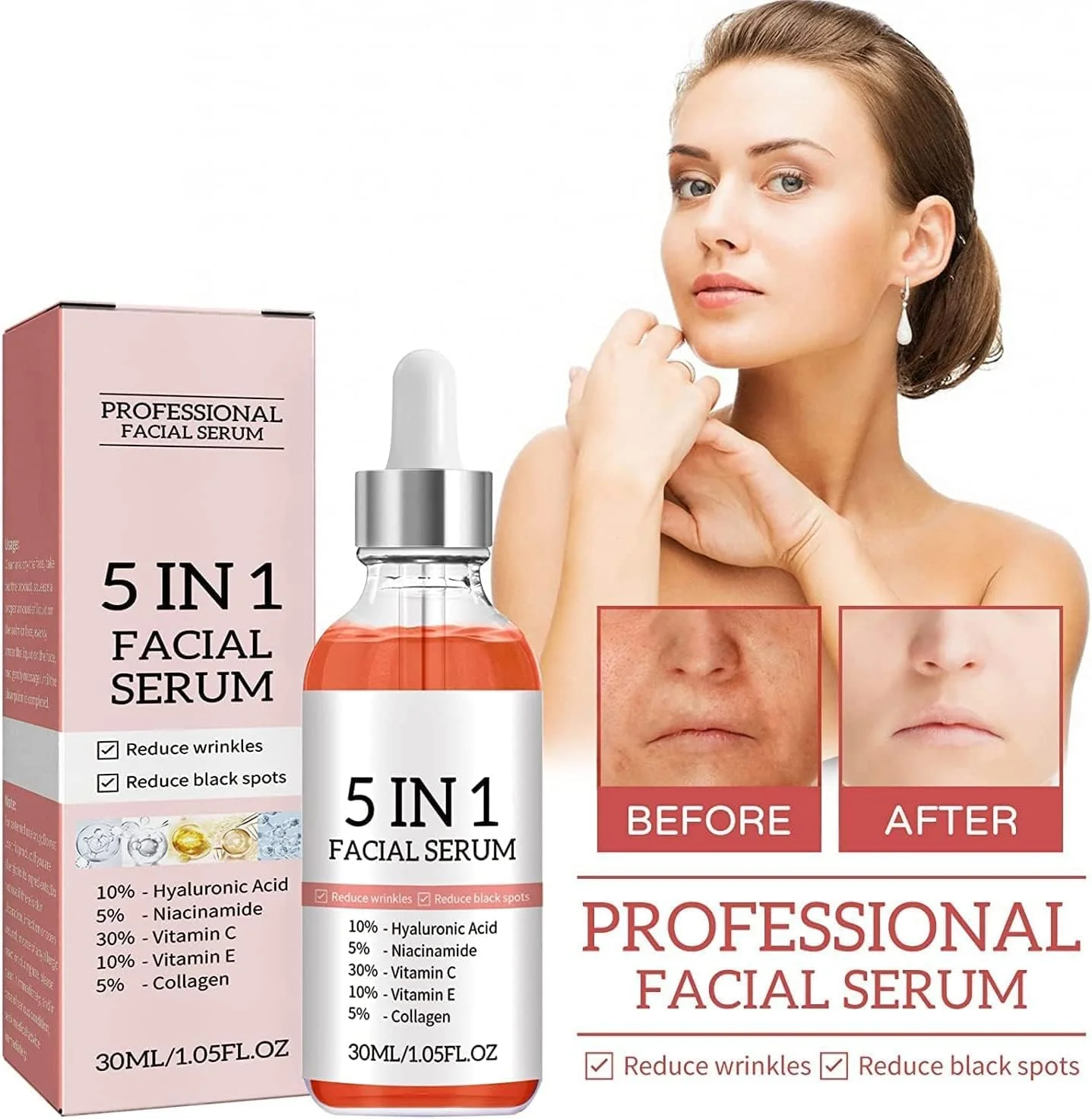 سرم صورت 5 در 1، سرم پیشرفته تقویت کننده کلاژن، سرم روشن کننده ویتامین C، سرم صورت حاوی هیالورونیک اسید و نیاسینامید (3 عدد)