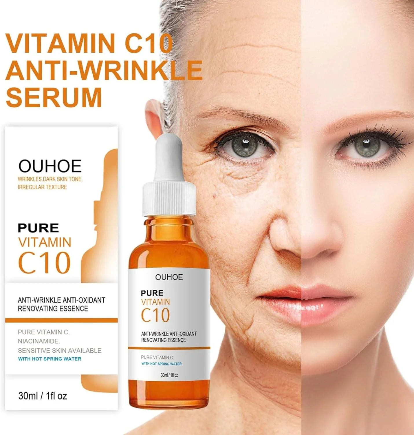 سرم ویتامین C خالص، سرم ویتامین C برای صورت با سرم اسید هیالورونیک، سرم روشن کننده و ضد پیری صورت، سرم ویتامین C برای لکه های تیره صورت، یکدست کننده رنگ پوست، خطوط و چین و چروک (2 عدد)