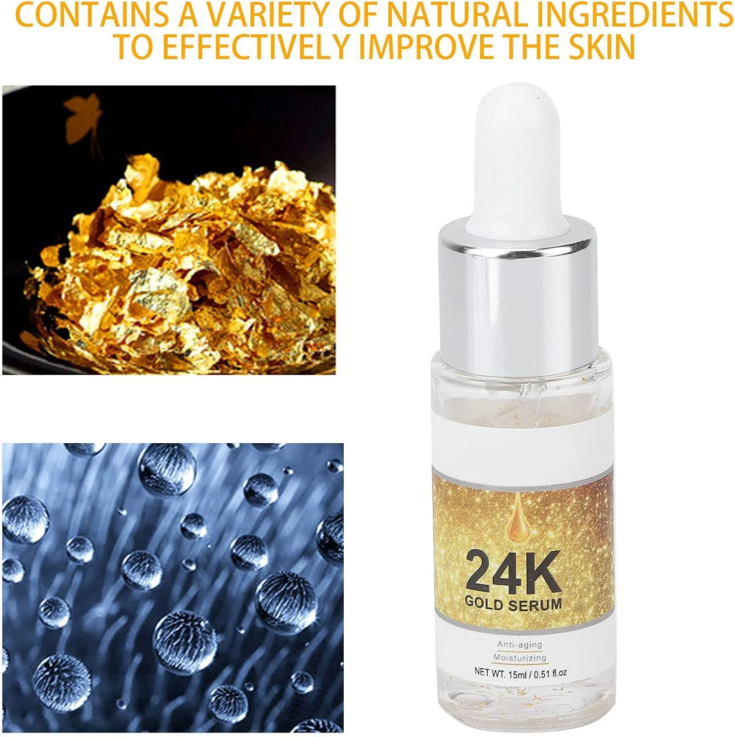 سرم صورت 24 عیار، سرم اسید هیالورونیک برای کاهش چین و چروک، روشن کننده و حفظ جوانی پوست، سرم ضروری قابل حمل و مجزا برای انواع پوست