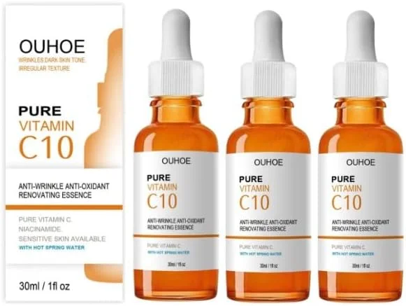 سرم ویتامین C خالص، سرم ویتامین C برای صورت با سرم هیالورونیک اسید، سرم روشن کننده و ضد پیری صورت، سرم ویتامین C برای لکه های تیره صورت، یکنواخت کننده رنگ پوست، خطوط و چین و چروک (3 عدد)