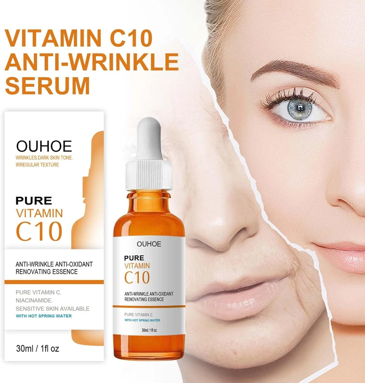 سرم ویتامین C خالص، سرم ویتامین C برای صورت با سرم هیالورونیک اسید، سرم روشن کننده و ضد پیری صورت، سرم ویتامین C برای لکه های تیره صورت، یکنواخت کننده رنگ پوست، خطوط و چین و چروک (3 عدد)