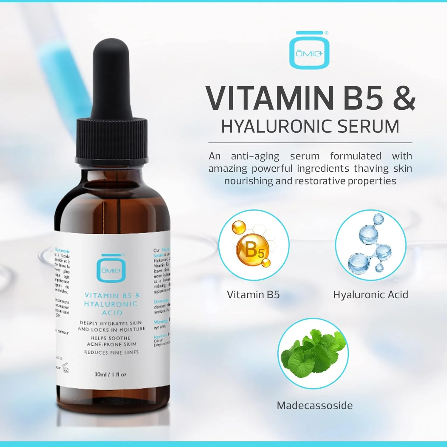 سرم هیالورونیک اسید Omic+ | 30 میلی لیتر / 1 اونس مایع | سرم صورت ضد پیری | آبرسان عمیق و قفل کننده رطوبت | سرم روشن کننده صورت | سرم مرطوب کننده صورت حاوی ویتامین B5