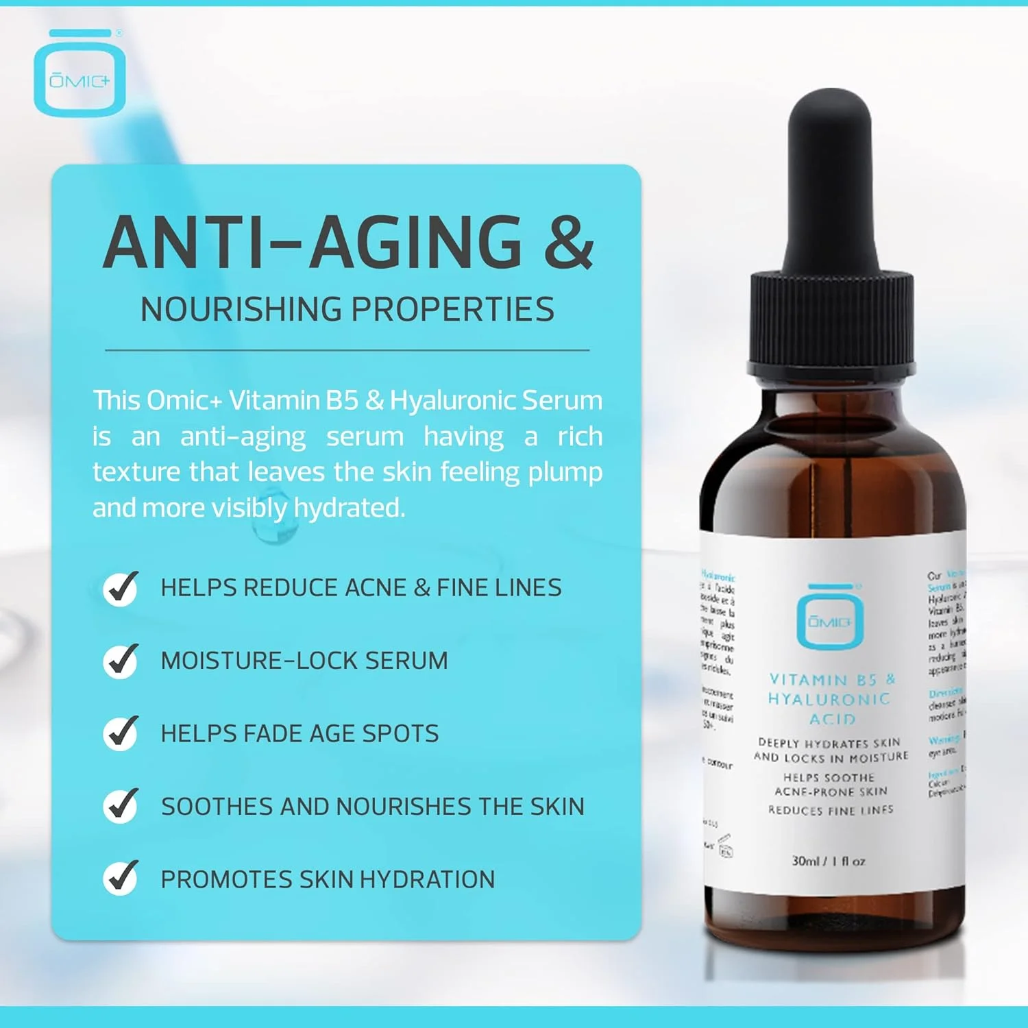 سرم هیالورونیک اسید Omic+ | 30 میلی لیتر / 1 اونس مایع | سرم صورت ضد پیری | آبرسان عمیق و قفل کننده رطوبت | سرم روشن کننده صورت | سرم مرطوب کننده صورت حاوی ویتامین B5