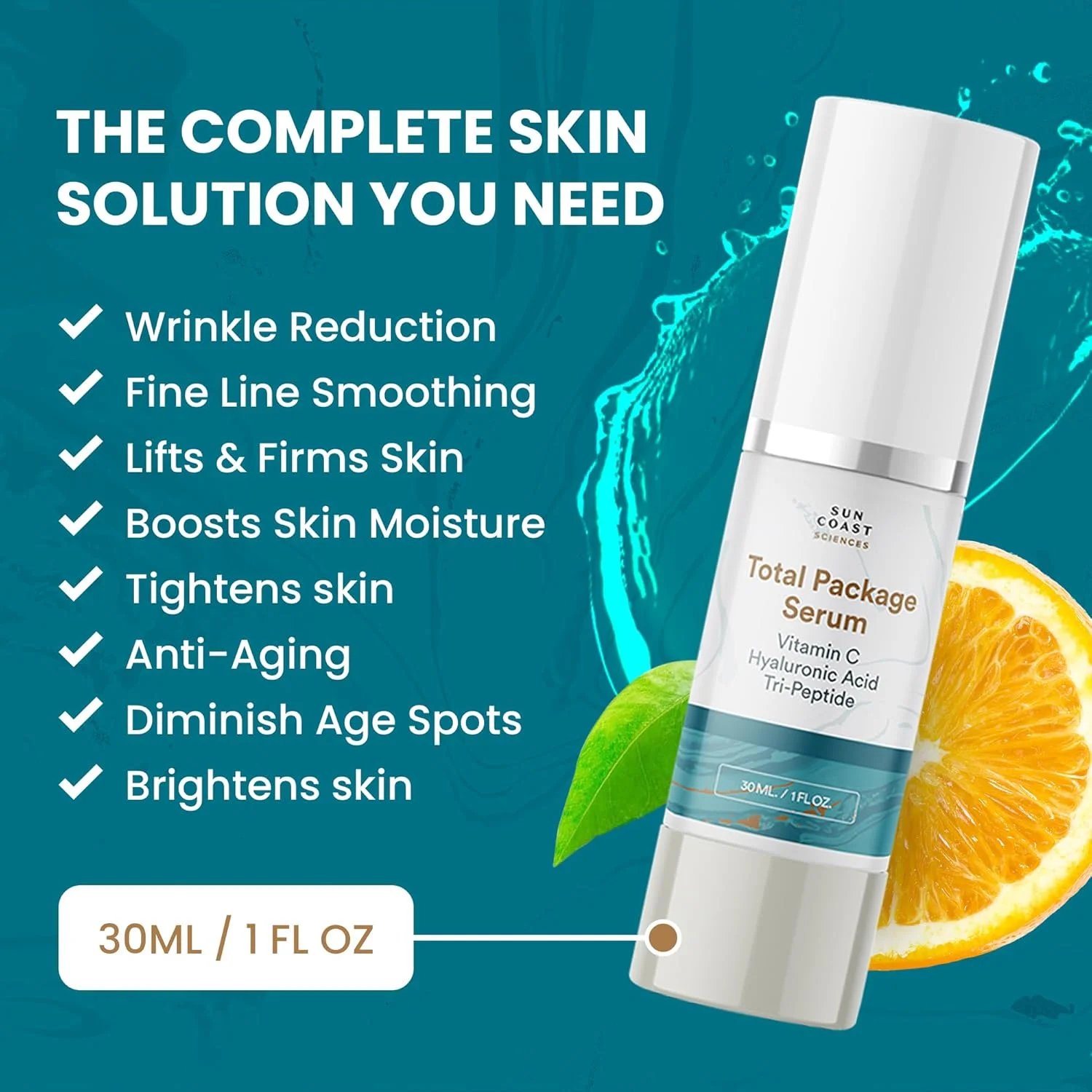 سرم комплекس کامل سان کوست ساينس، سرم ویتامین C، اسید هیالورونیک و پپتید همه کاره برای صورت، سرم فوق العاده ضد پیری صورت برای چین و چروک، روشن کننده و لکه های تیره - 30 میلی لیتر