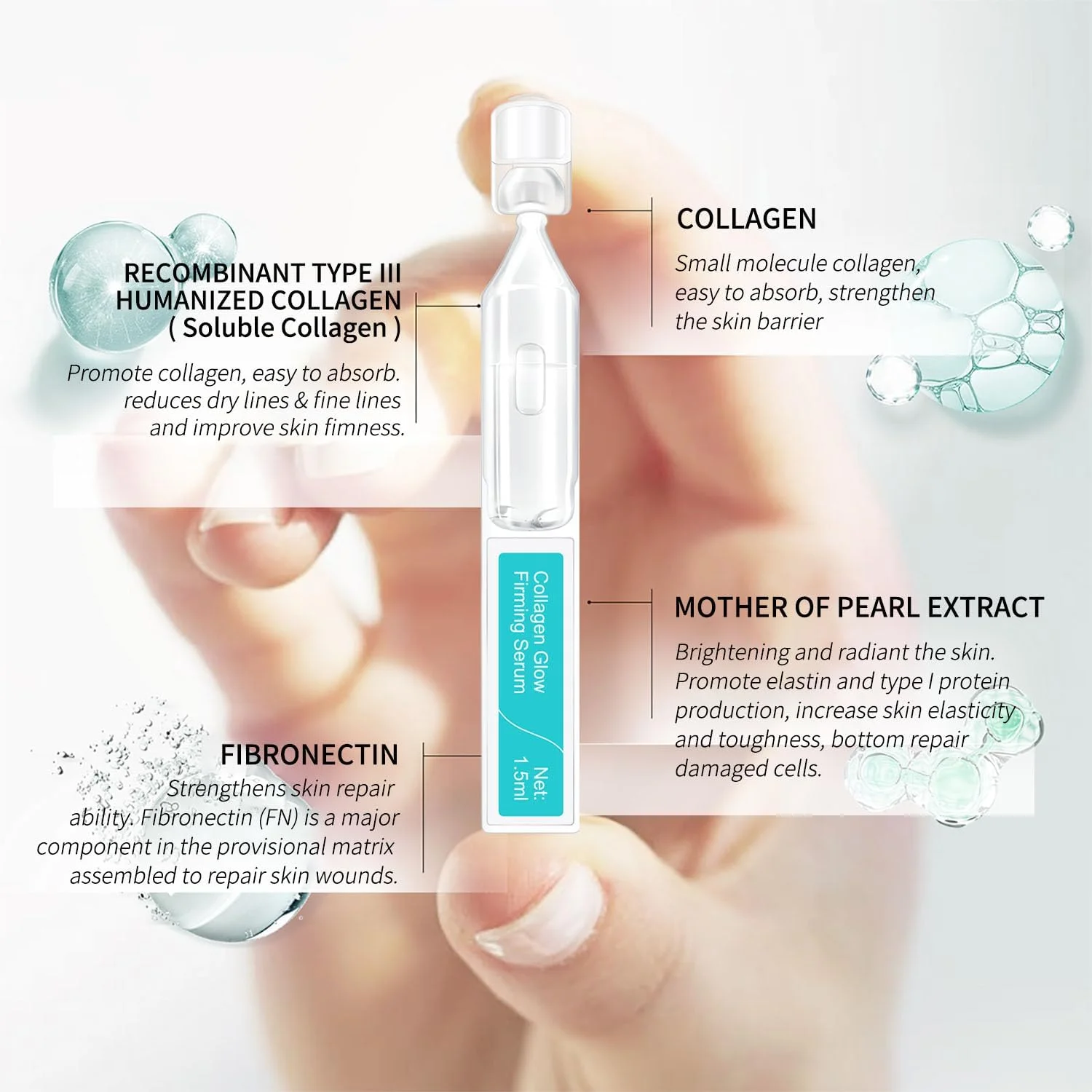 سرم آمپول نرم کننده و سفت کننده صورت کلاژن گلو با کلاژن محلول، برای کاهش خطوط خشک و ریز، سرم روشن کننده و آبرسان صورت با عصاره سنتلا آسیاتیکا، 30 عدد در جعبه
