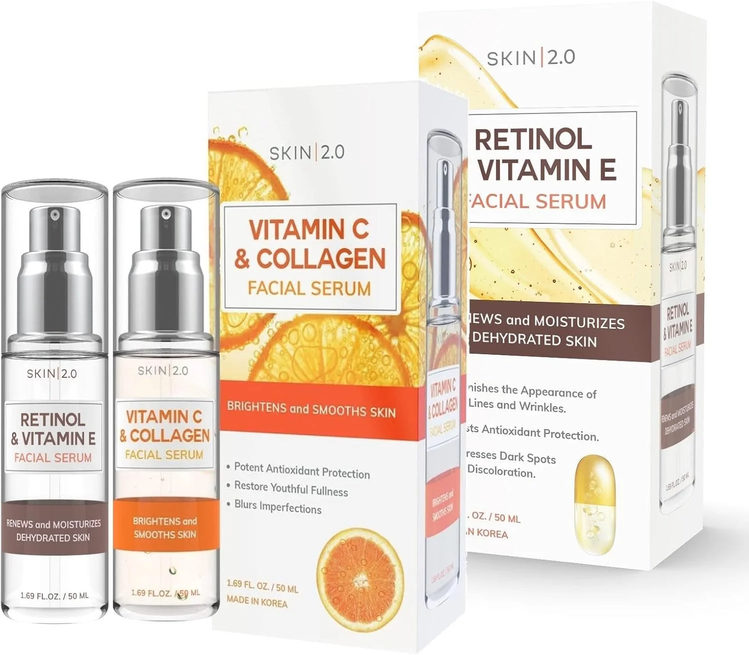سرم صورت ویتامین C و کلاژن + رتینول و ویتامین E - ست دوتایی روز و شب - برای لک های تیره و روشن کننده - ضد پیری و آکنه - بدون تست حیوانی - برای انواع پوست