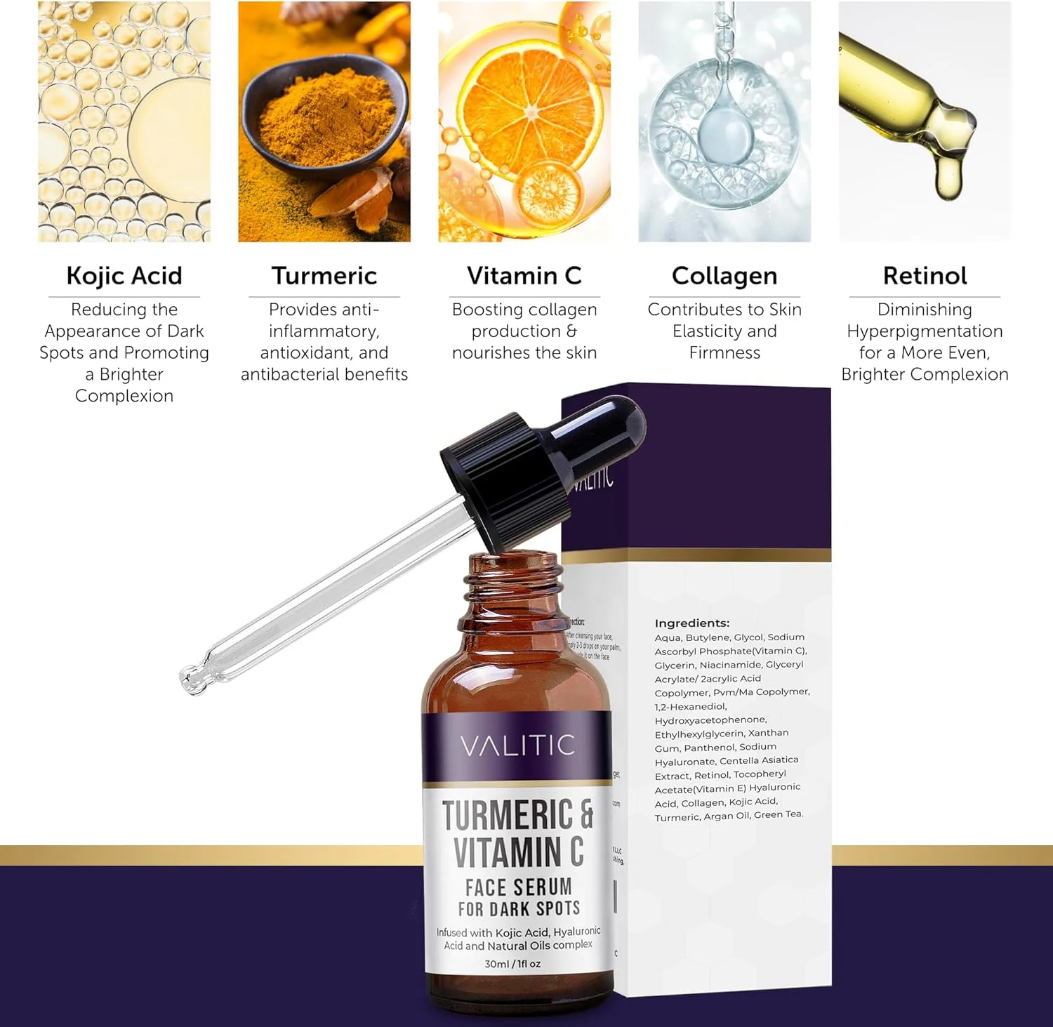 سرم صورت ویتامین C ولیتیک برای ضد پیری - اسید هیالورونیک، کلاژن، کوجیک اسید، روغن زردچوبه، سرم روشن کننده از بین برنده لک های تیره، سرم صورت و چشم، مراقبت از پوست 30 میلی لیتر