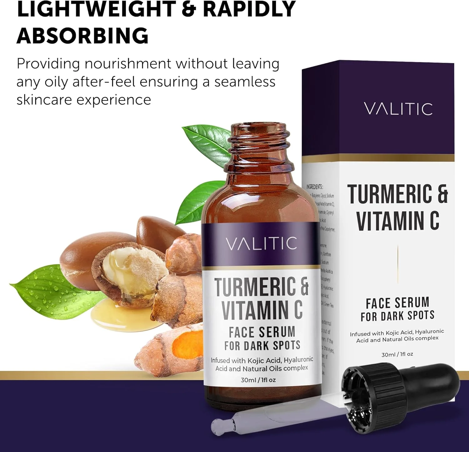 سرم صورت ویتامین C ولیتیک برای ضد پیری - اسید هیالورونیک، کلاژن، کوجیک اسید، روغن زردچوبه، سرم روشن کننده از بین برنده لک های تیره، سرم صورت و چشم، مراقبت از پوست 30 میلی لیتر