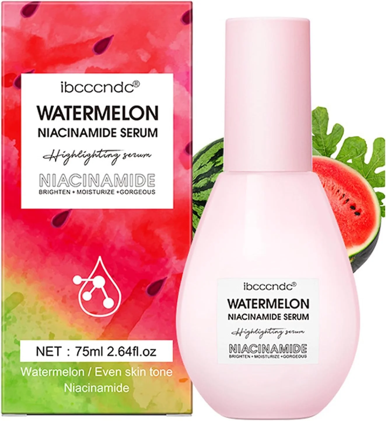 سرم آبرسان نیاسینامید هندوانه برای مراقبت از پوست صورت، آبرسان و روشن کننده حاوی هیالورونیک اسید، گلیسیرین و ویتامین E، سرم سبک صورت و هایلایتر مایع زیرساز آرایش (75 میلی لیتر)