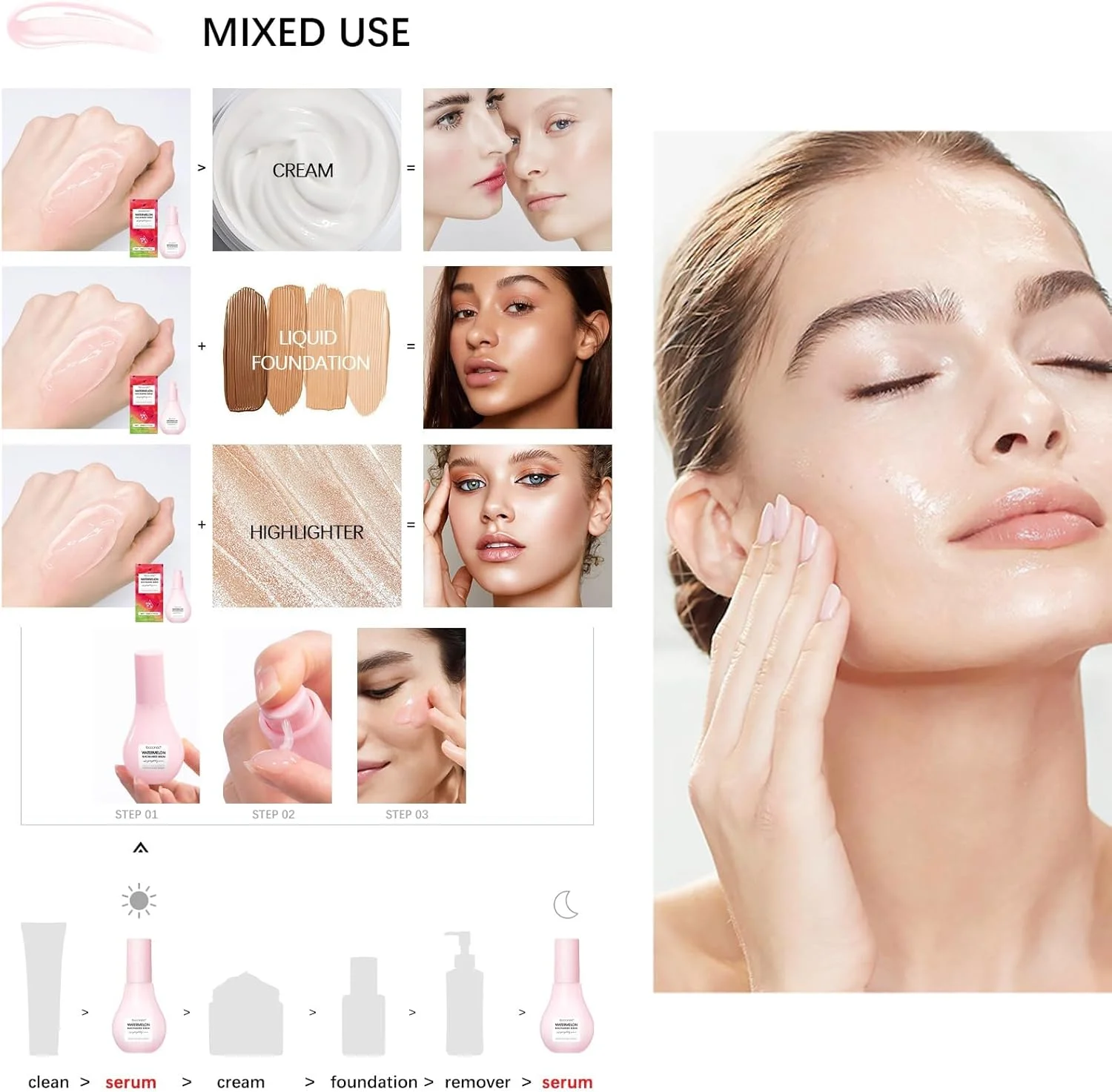 سرم آبرسان نیاسینامید هندوانه برای مراقبت از پوست صورت، آبرسان و روشن کننده حاوی هیالورونیک اسید، گلیسیرین و ویتامین E، سرم سبک صورت و هایلایتر مایع زیرساز آرایش (75 میلی لیتر)