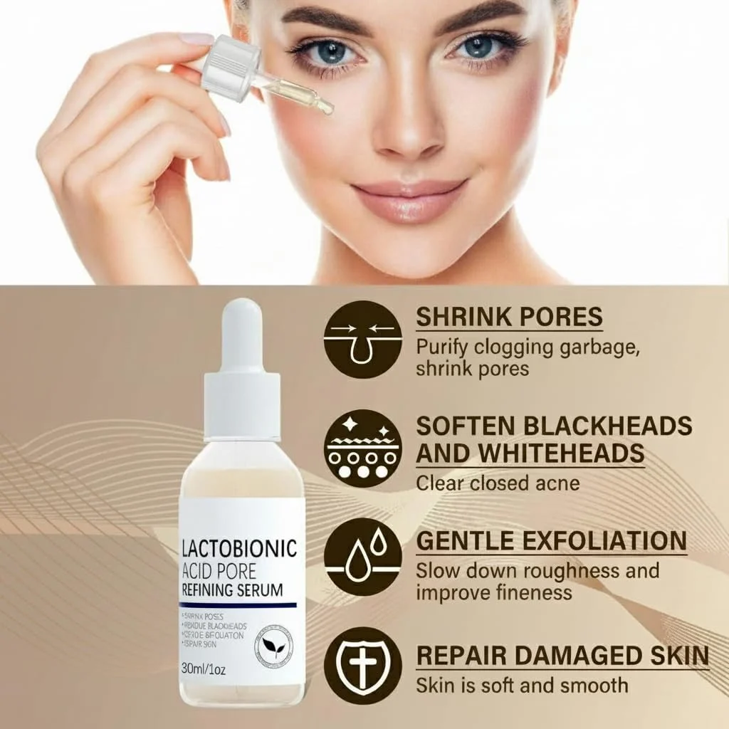 سرم کوچک کننده منافذ پوست KASTWAVE، سرم اسید لاکتوبیونیک برای اصلاح منافذ، اصلاح کننده پوست صورت، روشن کننده پوست، کاهش خطوط ریز، رفع لک های آکنه و جای جوش برای انواع پوست