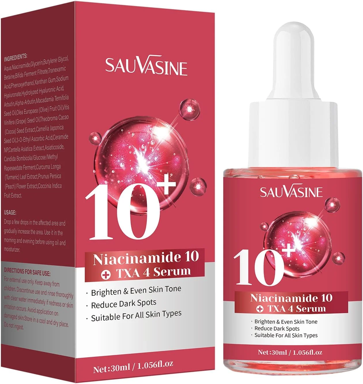 سرم آبرسان صورت حاوی 10% نیاسینامید + 4% سرم روشن کننده TXA - فرمول بدون عطر با ویتامین B12، اسید هیالورونیک و عصاره های گیاهی، 30 میلی لیتر