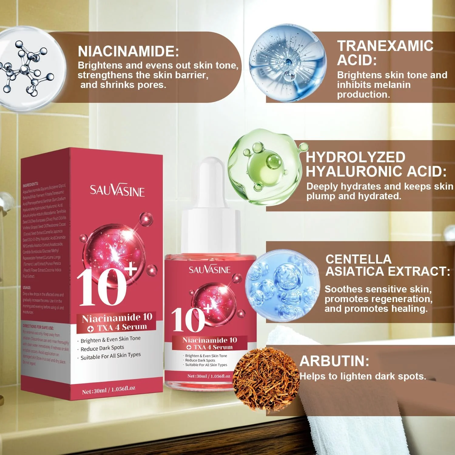 سرم آبرسان صورت حاوی 10% نیاسینامید + 4% سرم روشن کننده TXA - فرمول بدون عطر با ویتامین B12، اسید هیالورونیک و عصاره های گیاهی، 30 میلی لیتر