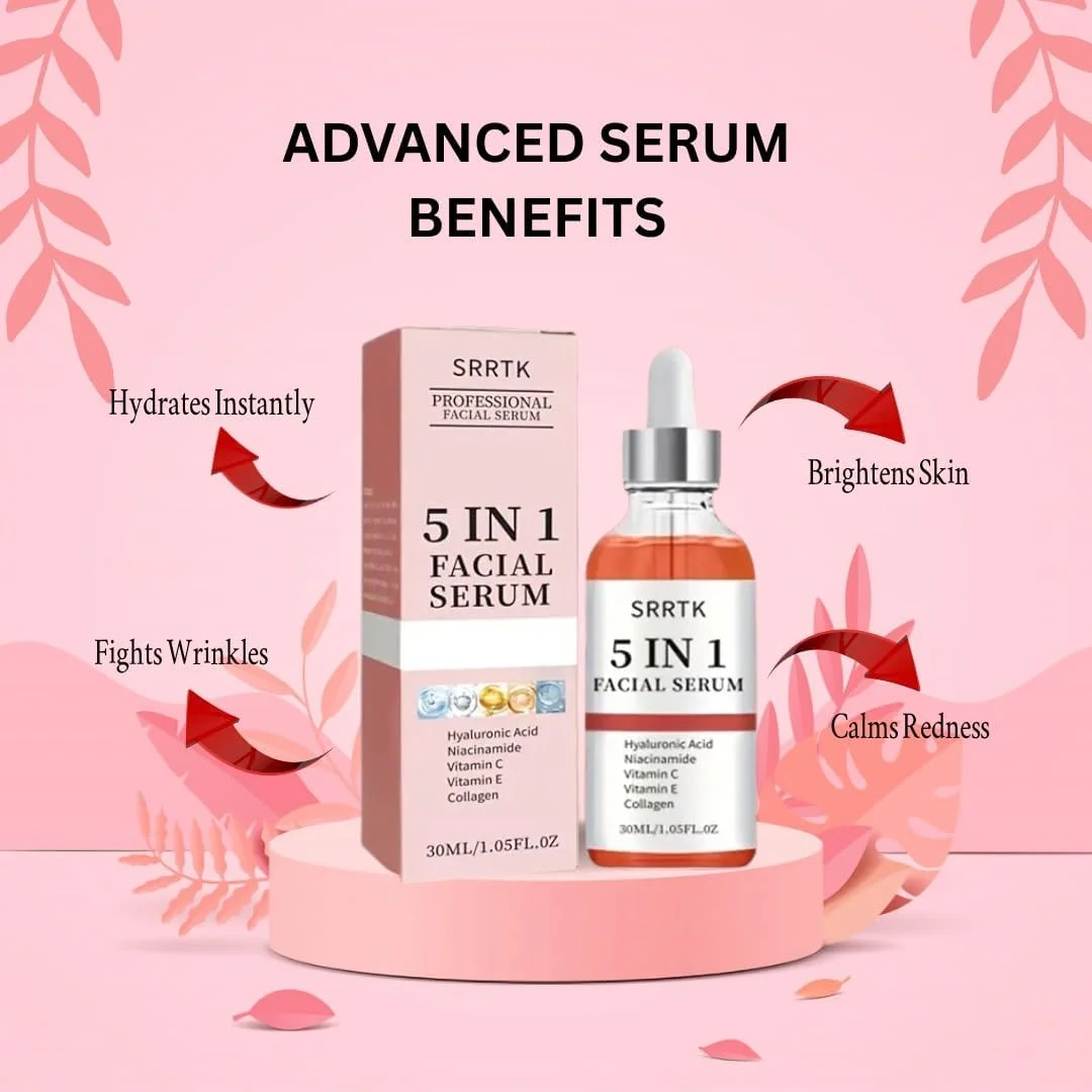 سرم صورت 5 در 1 پریمبلی حاوی هیالورونیک اسید، کلاژن، نیاسینامید و ویتامین C | (30 میلی لیتر) - کوچک کننده منافذ، روشن کننده و سرم فوق آبرسان برای زنان و مردان | مرطوب کننده روزانه، ضد پیری، غیر تحریک کننده برای انواع پوست