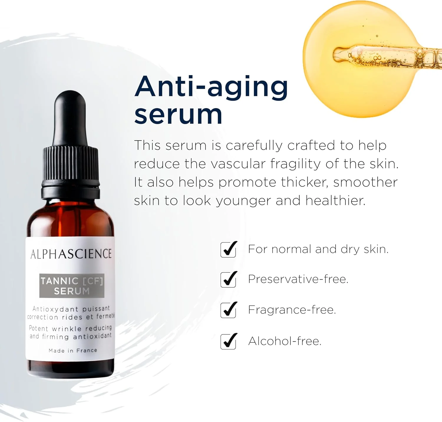 سرم ضد چروک و روشن کننده پوست آلفا ساینس مدل Tannic [CF] حجم 30 میل - سرم آنتی اکسیدان حاوی ویتامین C پایدار - سرم ضد پیری صورت - اصلاح کننده قرمزی پوست - ساخت فرانسه - بدون عطر - بدون مواد نگهدارنده