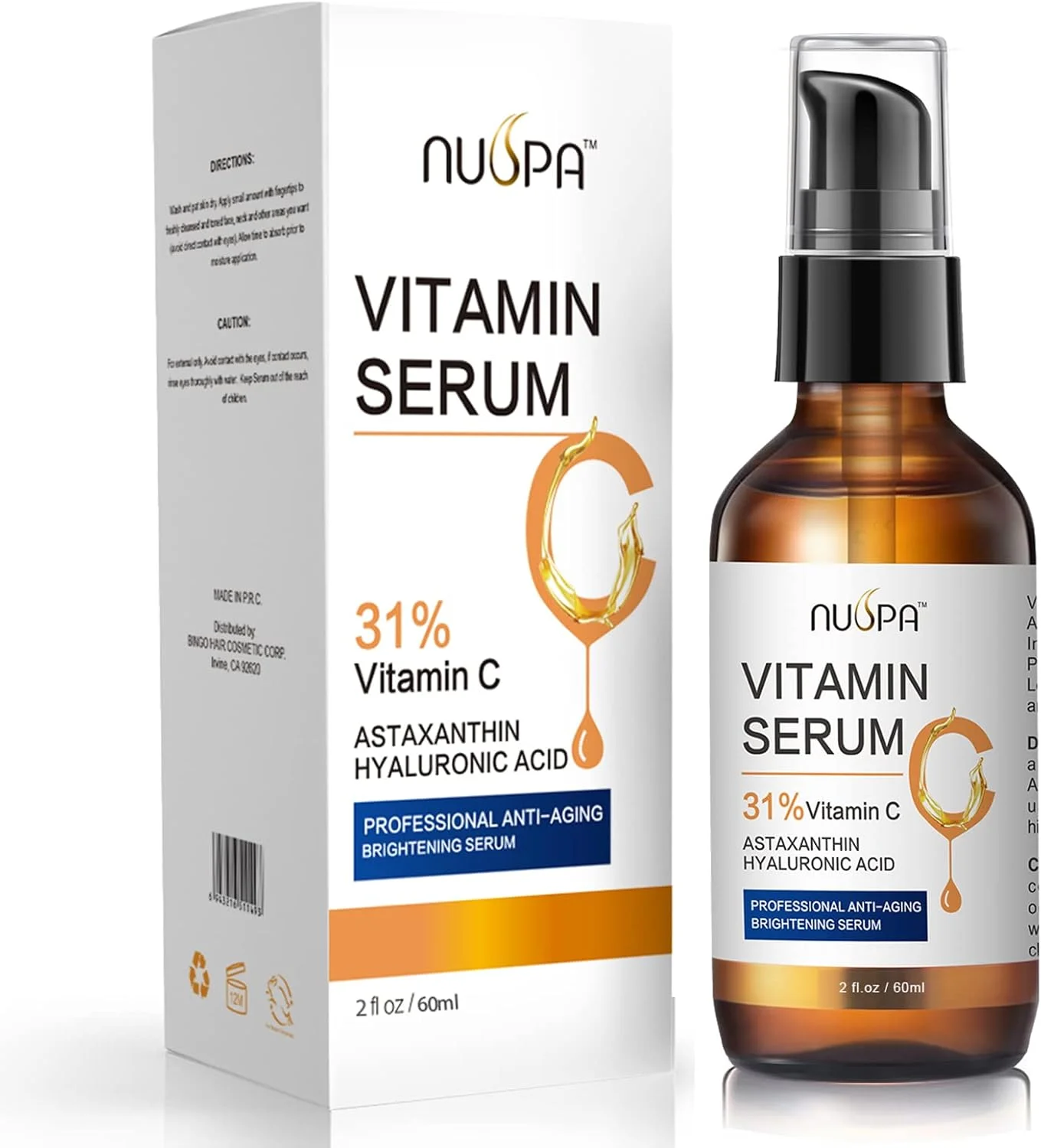 سرم صورت ضد پیری و ضد جوش، سرم صورت ویتامین C طبیعی حاوی اسید هیالورونیک، ویتامین E، آستاگزانتین و روغن کرچک، سرم ضد لک، کاهش دهنده چین و چروک