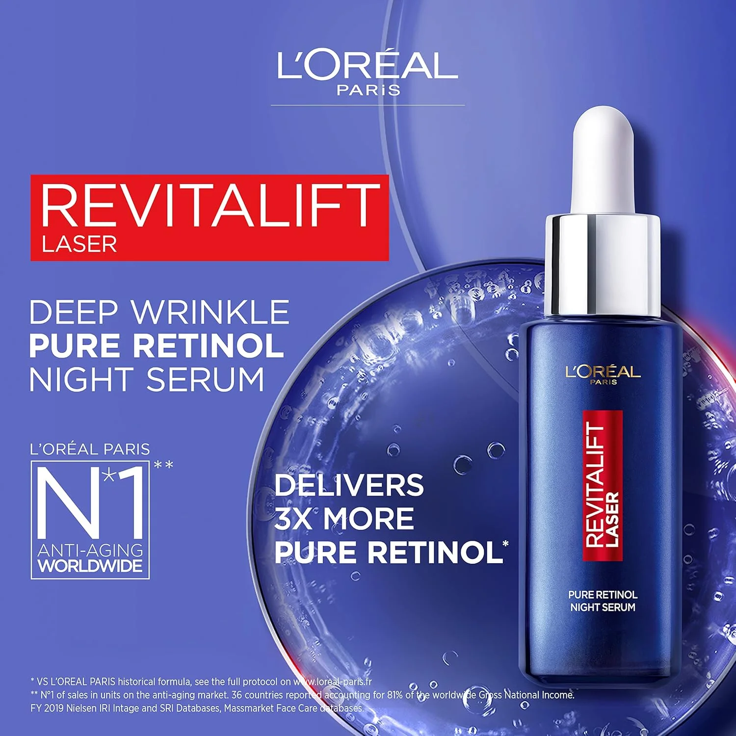 سرم شب رتینول خالص لورآل پاریس، سرم صورت Revitalift Laser، سرم ضد چروک عمیق [30ml]