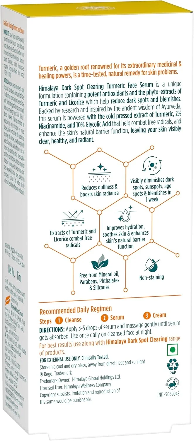 سرم صورت زردچوبه روشن کننده لک های تیره هیمالیا | 10% گلیکولیک اسید و 2% نیاسینامید | زردچوبه ارگانیک | کاهش لک های تیره در 7 روز | 15 میلی لیتر