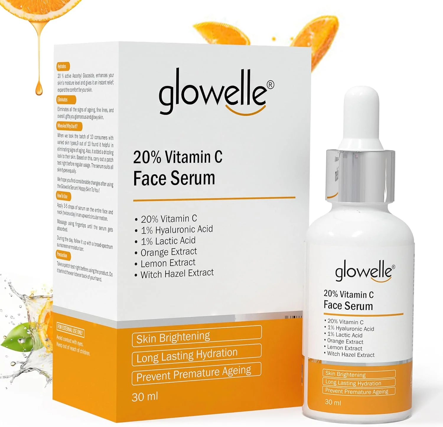 سرم صورت حاوی ویتامین C %20 Glowelle برای روشن کردن پوست، لکه‌های تیره، پوست کدر، یکنواخت کردن رنگ پوست، تقویت تولید کلاژن، مناسب برای آقایان و بانوان، مناسب برای انواع پوست - 30 میلی لیتر