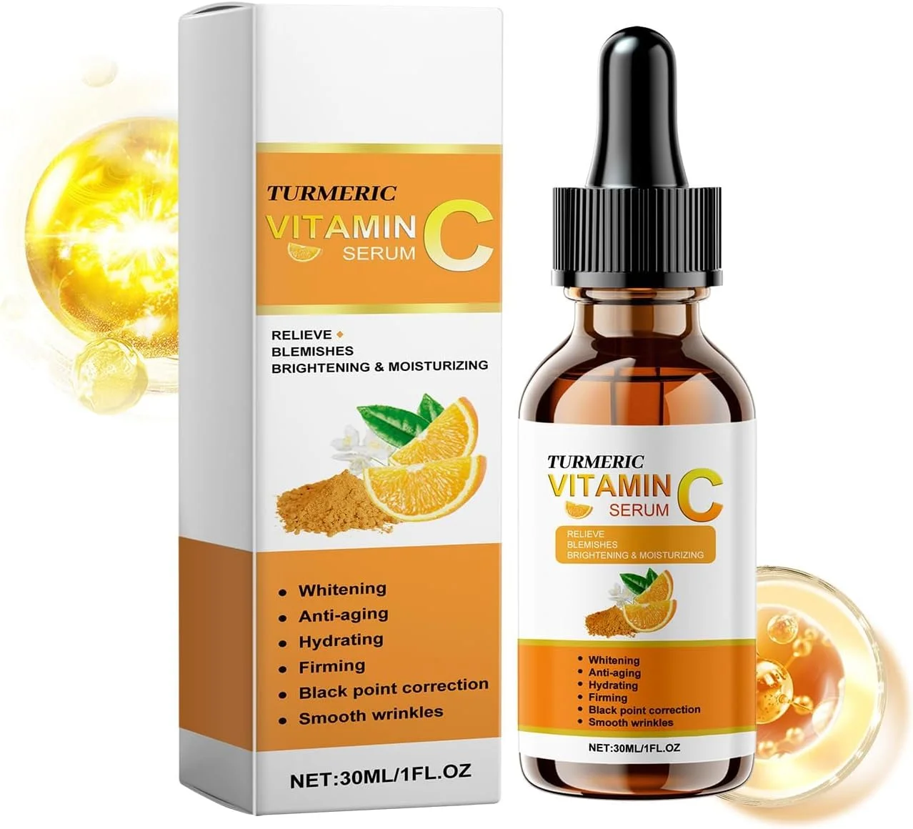 سرم صورت زردچوبه و ویتامین C تِریفی، روشن کننده و ضد پیری، آبرسان و سفت کننده، اصلاح کننده لکه های تیره، صاف کننده چین و چروک، سرم صورت ویتامین C سی میلی لیتری برای پوست درخشان