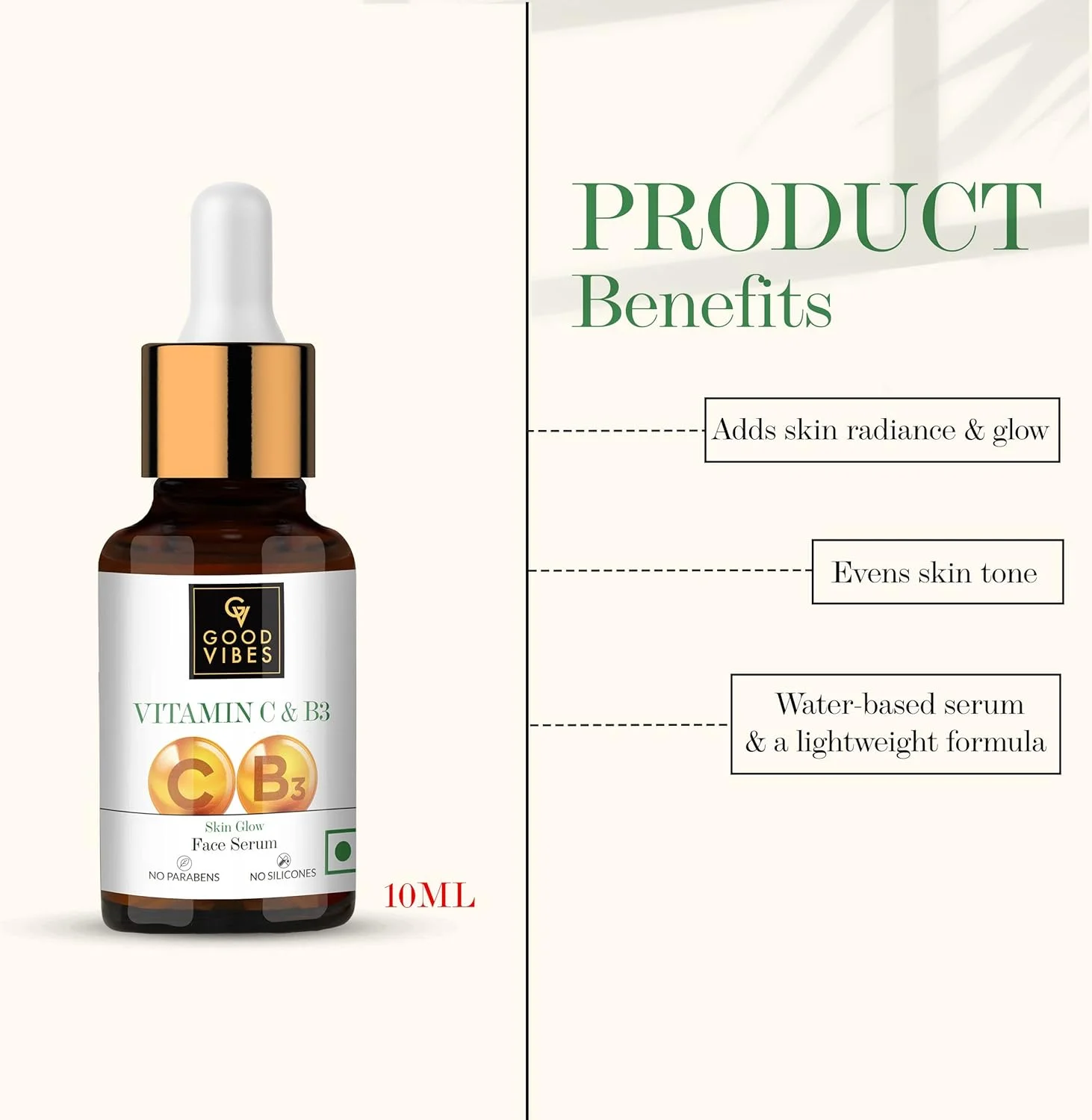 سرم درخشان کننده پوست Good Vibes حاوی ویتامین C و ویتامین B3، 10 میلی لیتر، با خواص ضد پیری، کمک به کاهش خطوط ریز و چین و چروک، سرم صورت درخشان کننده طبیعی برای انواع پوست، بدون پارابن و سولفات
