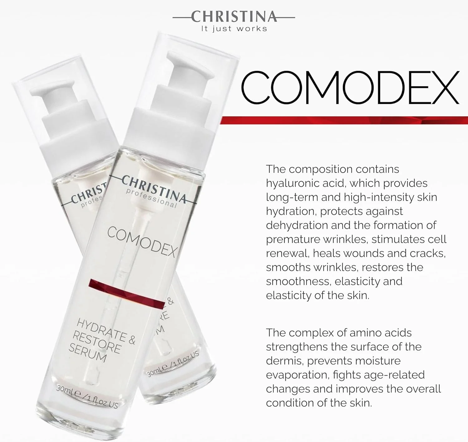 سرم آبرسان و ترمیم کننده پوست صورت کریستینا کومودکس حاوی هیالورونیک اسید و ویتامین C، مناسب پوست های چرب، مختلط و نرمال، 30 میلی لیتر