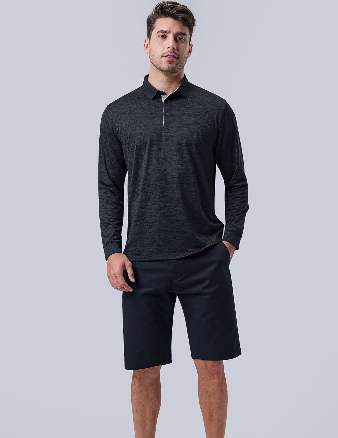 ست 3 عددی: پولوشرت آستین بلند مردانه با قابلیت خشک شدن سریع، تی‌شرت‌های گلف یقه‌دار ورزشی با عملکرد عالی و محافظت در برابر اشعه ماوراء بنفش 50+