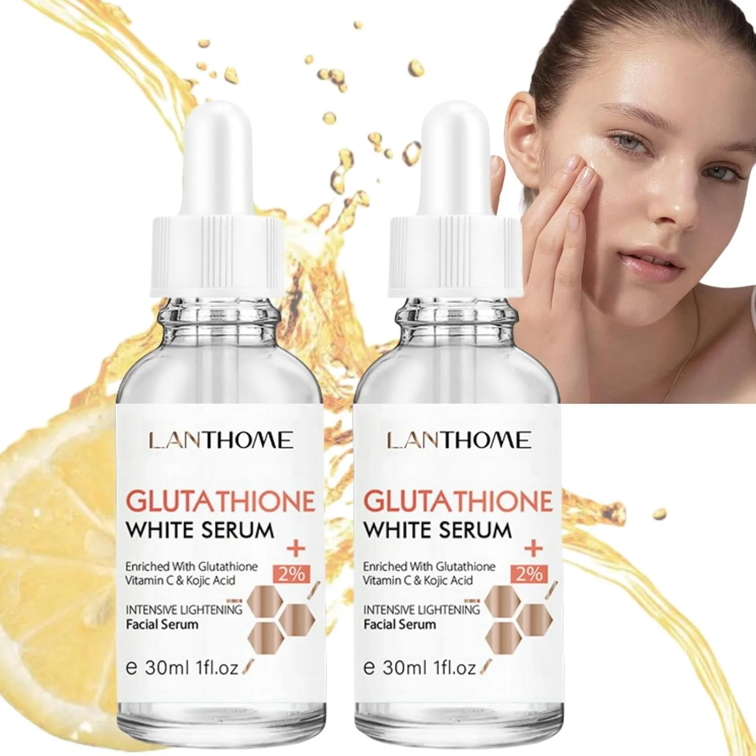 سرم صورت گلوتاتیون با کوجیک اسید و ویتامین C - فرمول روشن کننده و درخشان کننده پوست با مزایای تقویت کننده کلاژن، سرم مرطوب کننده و درخشان کننده برای روتین روزانه مراقبت از پوست بانوان (2 عدد)