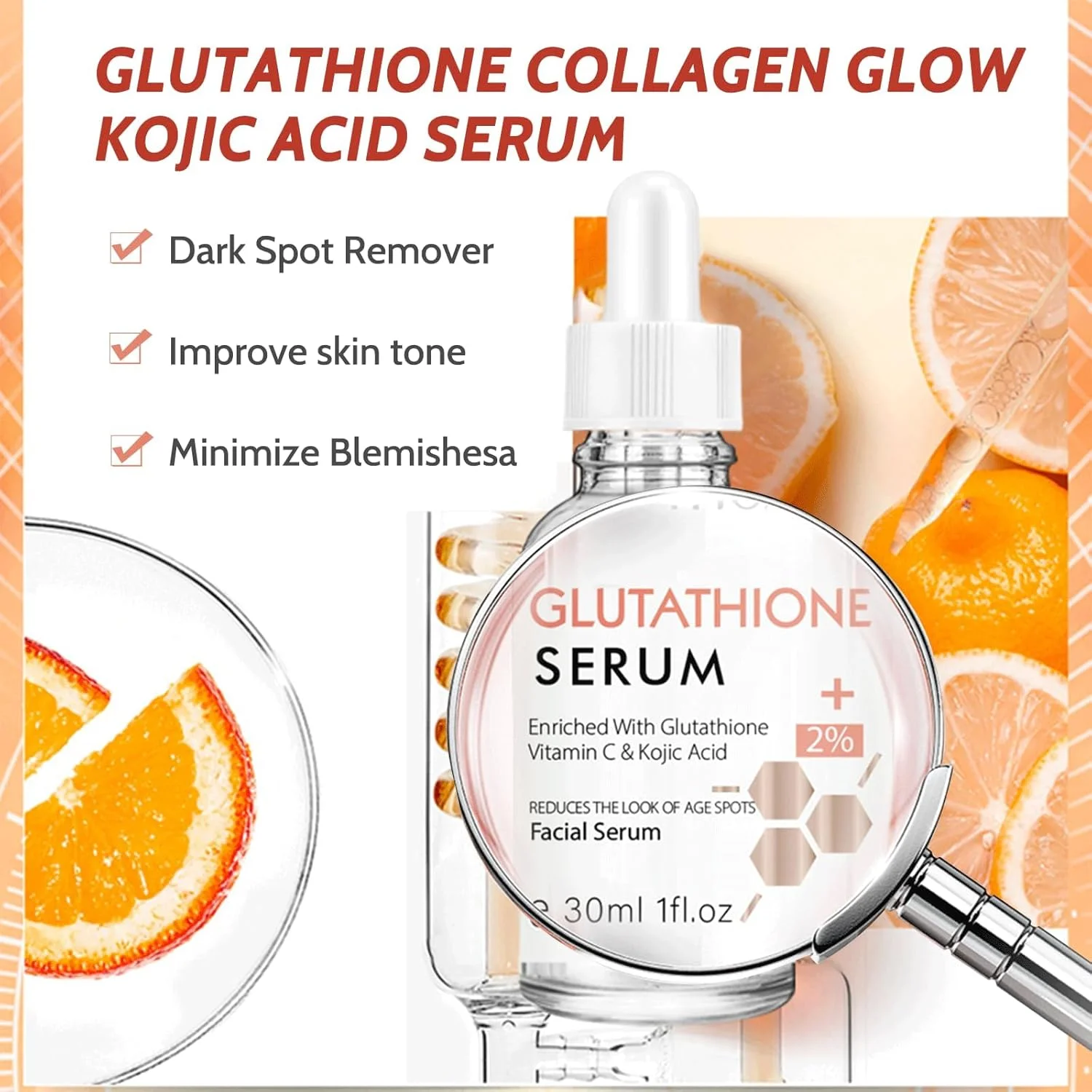 سرم صورت گلوتاتیون با کوجیک اسید و ویتامین C - فرمول روشن کننده و درخشان کننده پوست با مزایای تقویت کننده کلاژن، سرم مرطوب کننده و درخشان کننده برای روتین روزانه مراقبت از پوست بانوان (2 عدد)