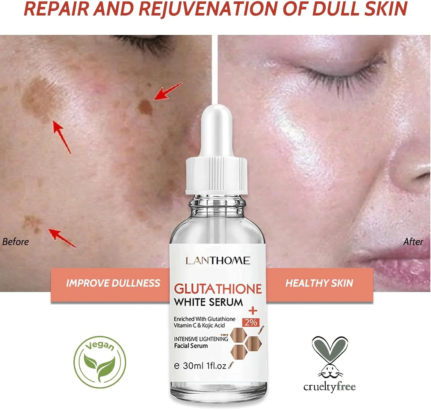 سرم صورت گلوتاتیون با کوجیک اسید و ویتامین C - فرمول روشن کننده و درخشان کننده پوست با مزایای تقویت کننده کلاژن، سرم مرطوب کننده و درخشان کننده برای روتین روزانه مراقبت از پوست بانوان (2 عدد)