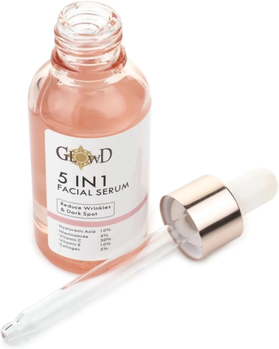 سرم صورت 5 در 1 GLOWD، ضد لک، روشن کننده پوست، پوست مستعد آکنه، کنترل ملانین، ویتامین C 30%، ضد پیری، کلاژن 5%، هیالورونیک اسید 10%، نیاسینامید 5%، 30 میلی لیتر (1 عدد)