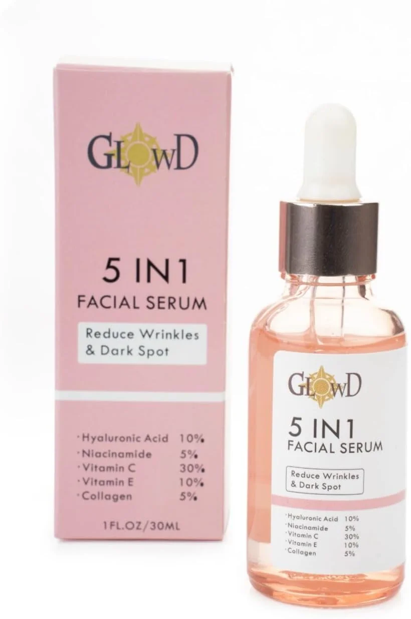 سرم صورت 5 در 1 GLOWD، ضد لک، روشن کننده پوست، پوست مستعد آکنه، کنترل ملانین، ویتامین C 30%، ضد پیری، کلاژن 5%، هیالورونیک اسید 10%، نیاسینامید 5%، 30 میلی لیتر (1 عدد)
