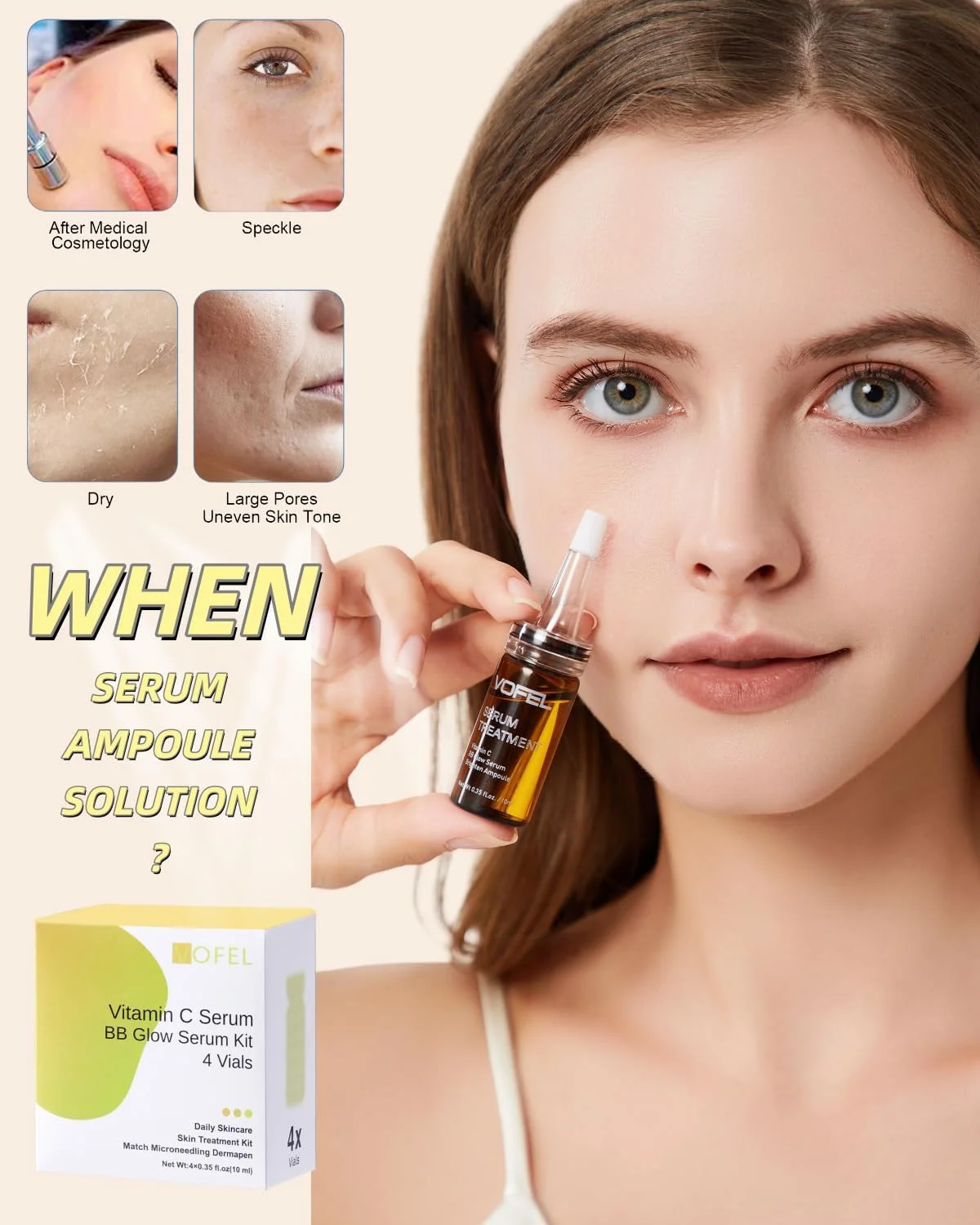 سرم ویتامین C برای صورت، سرم هیالورونیک اسید، مرطوب کننده ضد پیری، 10 میلی لیتر، 4 ویال، کیت شروع سرم های صورت BB Glow (کیت 4 عددی جدید vc)