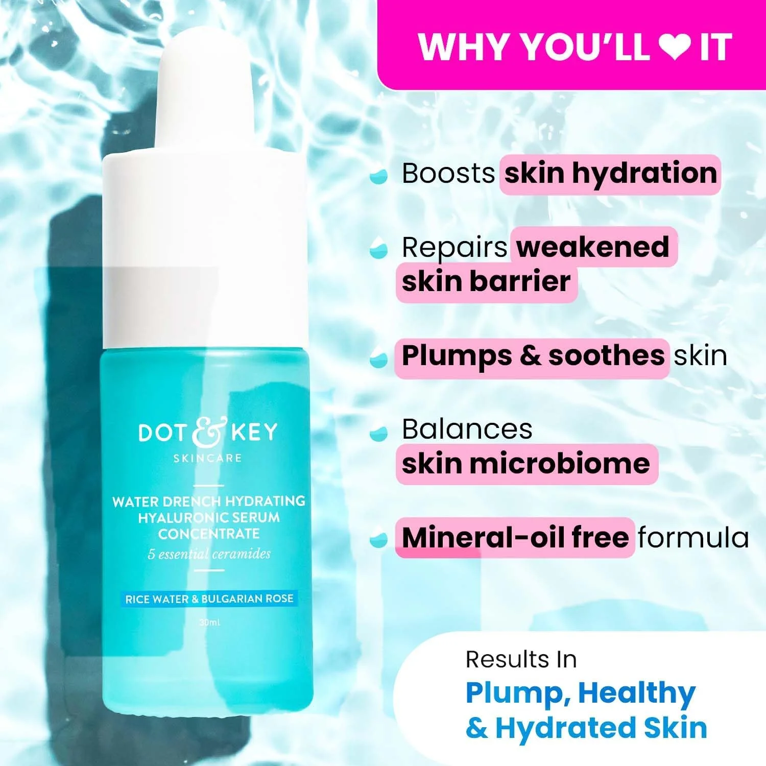 سرم آبرسان هیالورونیک اسید دات اند کی با ویتامین C + E | برای پوست شاداب و درخشان | سرم صورت برای پوست خشک، چرب و معمولی | حاوی سرامید و آکای بری | 30 میلی لیتر