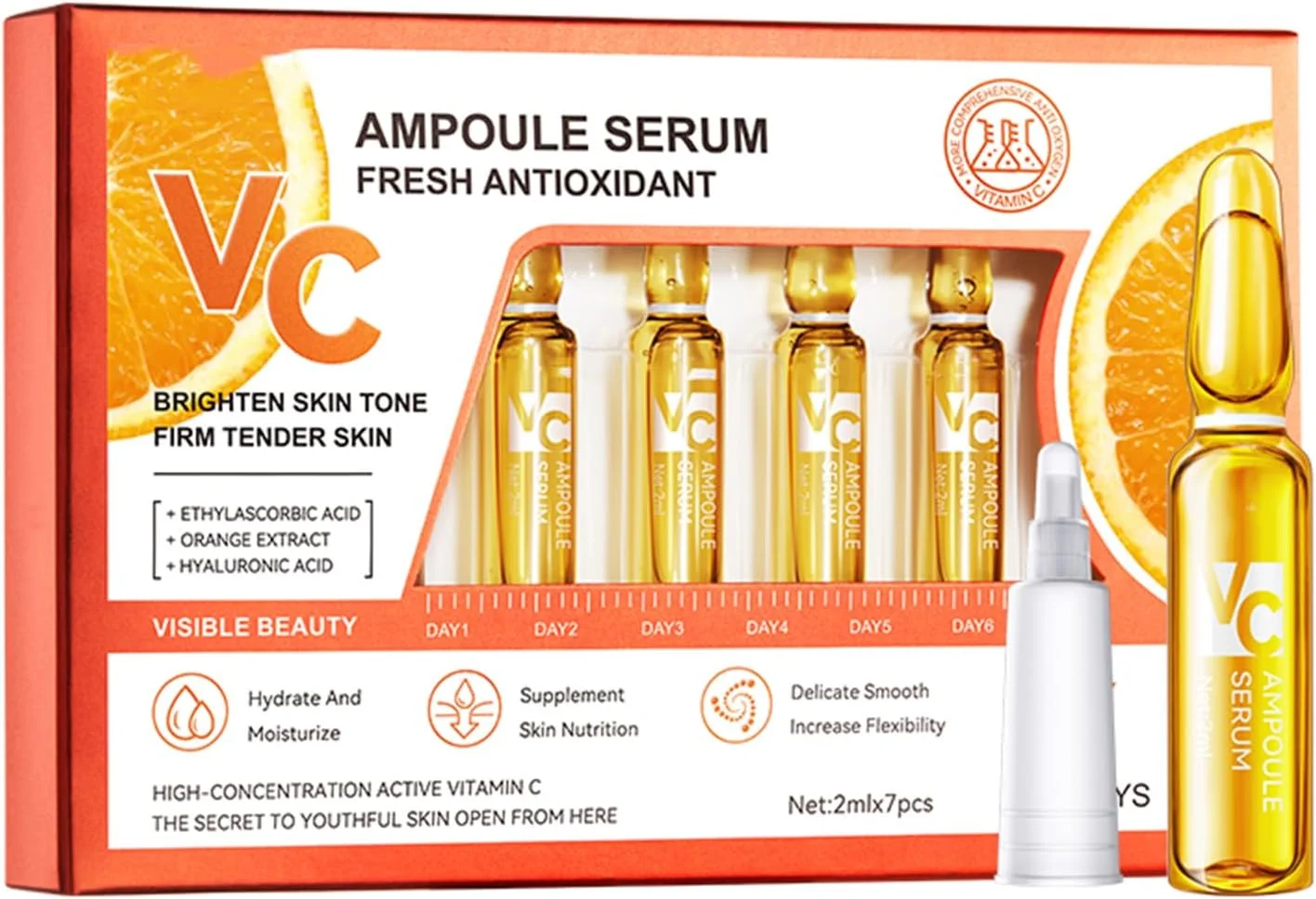 سرم آمپول ویتامین C، 7 عدد سرم صورت غلیظ ویتامین C، محافظت آنتی اکسیدانی قوی، کاهش خطوط ریز، چین و چروک و لکه های تیره، سرم مراقبت از پوست صورت برای انواع پوست، 7x2 میلی لیتر