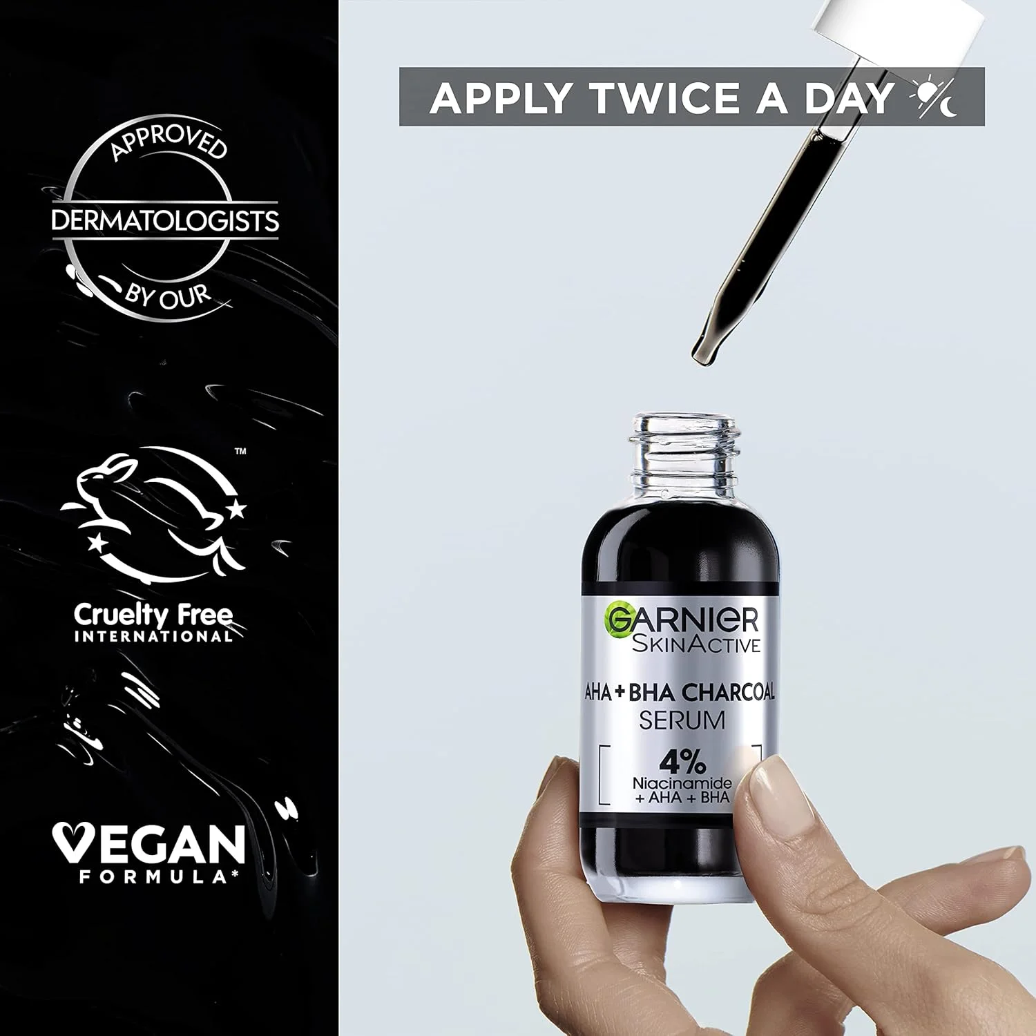 سرم زغال فعال گارنیه Skinactive حاوی 4% AHA + BHA (سالیسیلیک اسید) و نیاسینامید، بازسازی و صاف کننده بافت پوست، بهبود ظاهر لک ها و عیوب، مناسب برای پوست حساس، 30 میلی لیتر