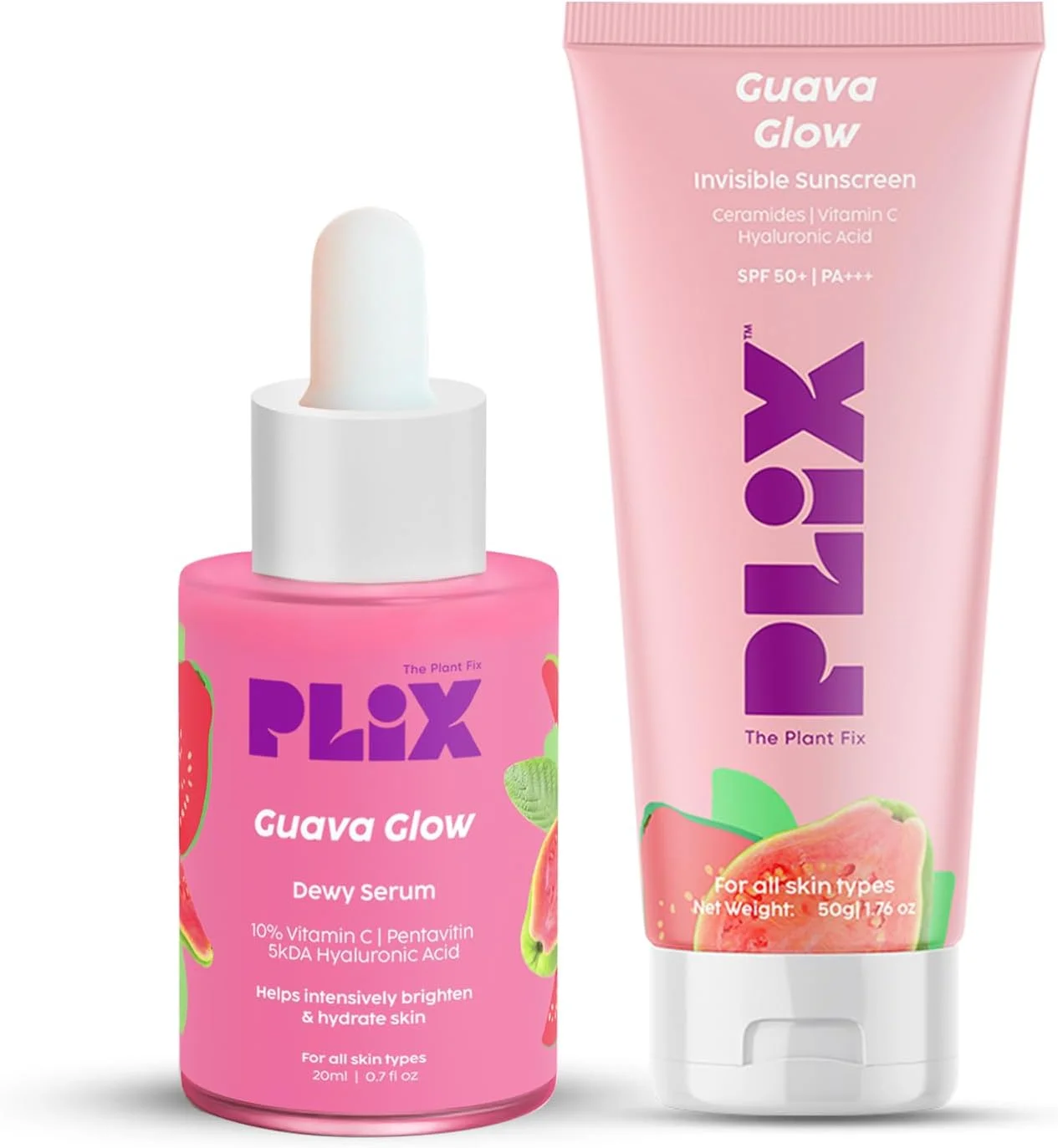 پک محافظت از آفتاب و روشن کننده پوست: کرم ضد آفتاب SPF 50+ با عصاره گواوا (50 گرم) و سرم صورت ویتامین C 10% با عصاره گواوا (20 میلی لیتر)، محافظت در برابر اشعه UV A و UV B، حاوی سرامیدها، ویتامین C، هیالورونیک اسید و پنتاویتین