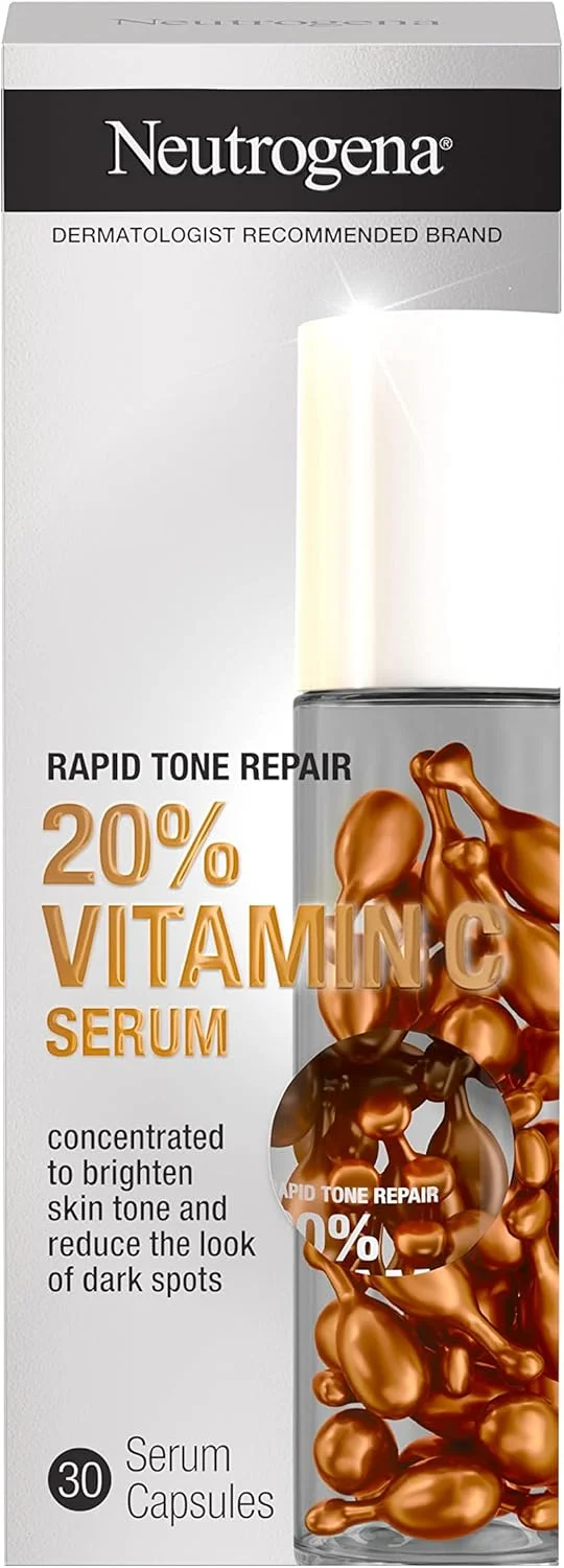 کپسول های سرم روشن کننده صورت نوتروژینا Rapid Tone Repair حاوی 20% ویتامین C، سرم آنتی اکسیدان صورت برای روشن کردن ظاهر لکه های تیره و یکنواخت کردن رنگ پوست، بدون چربی، 30 کپسول سرم
